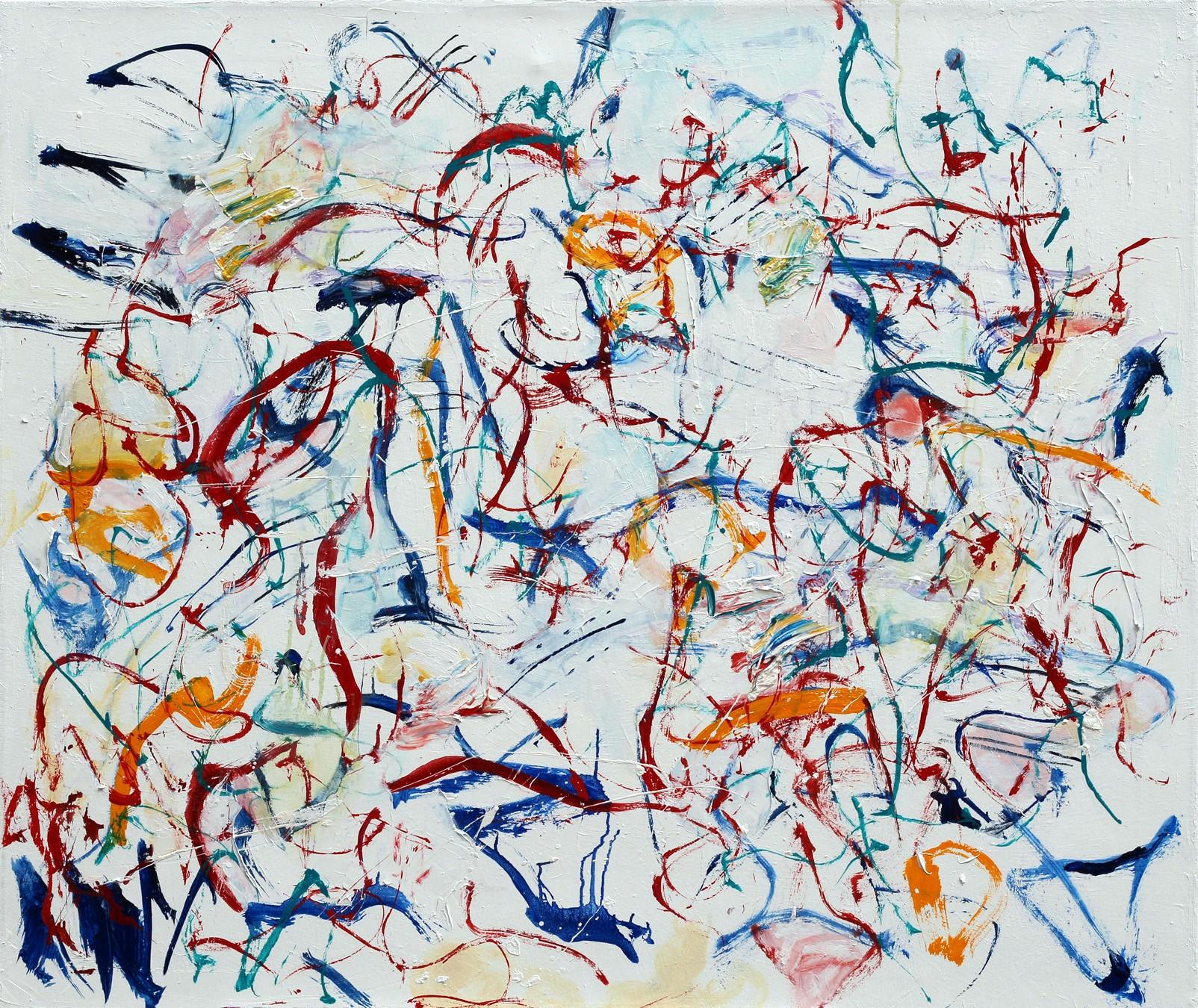 "Entanglements", abstract, expressionist, red, blue, yellow, oil painting - Painting by Katherine Borkowski-Byrne