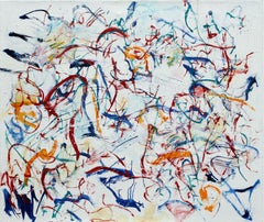 "Entanglements", abstract, expressionist, red, blue, yellow, oil painting