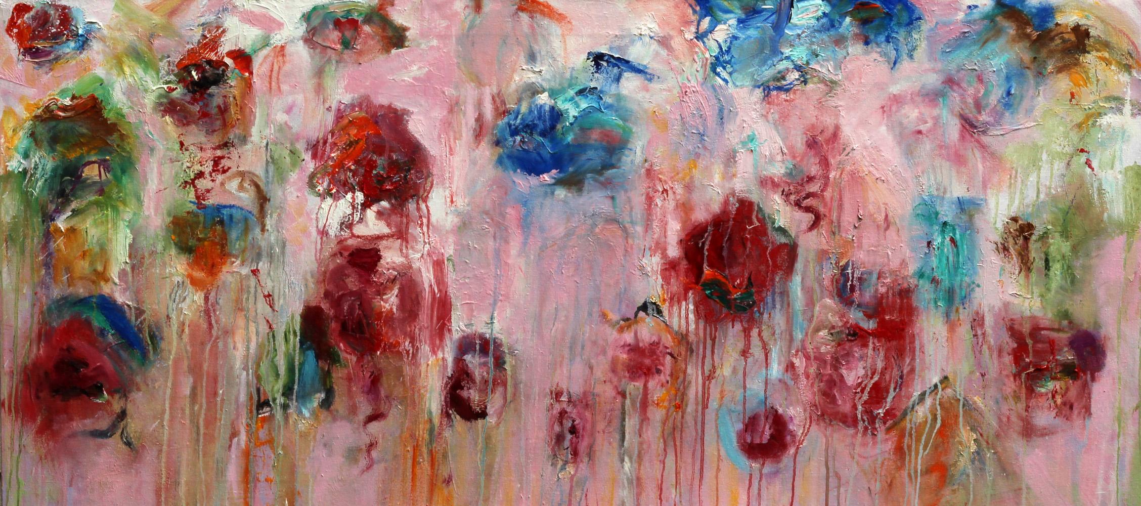 "Figments", abstract, expressionist, pink, red, blue, green, oil painting - Painting by Katherine Borkowski-Byrne