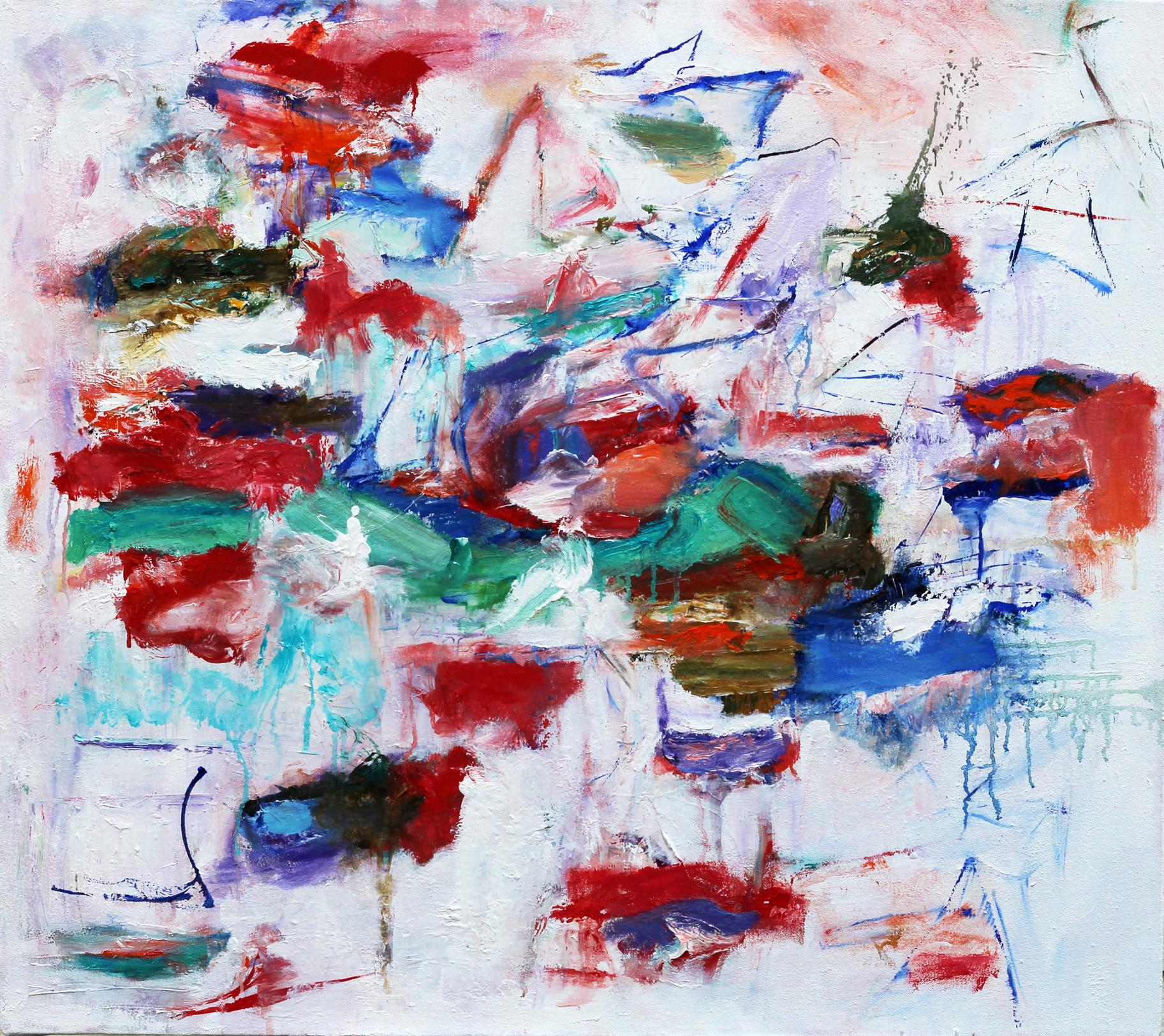 Abstract Painting di Katherine Borkowski-Byrne - "High Note", astratto, rosso, blu, verde, bianco, pittura a olio