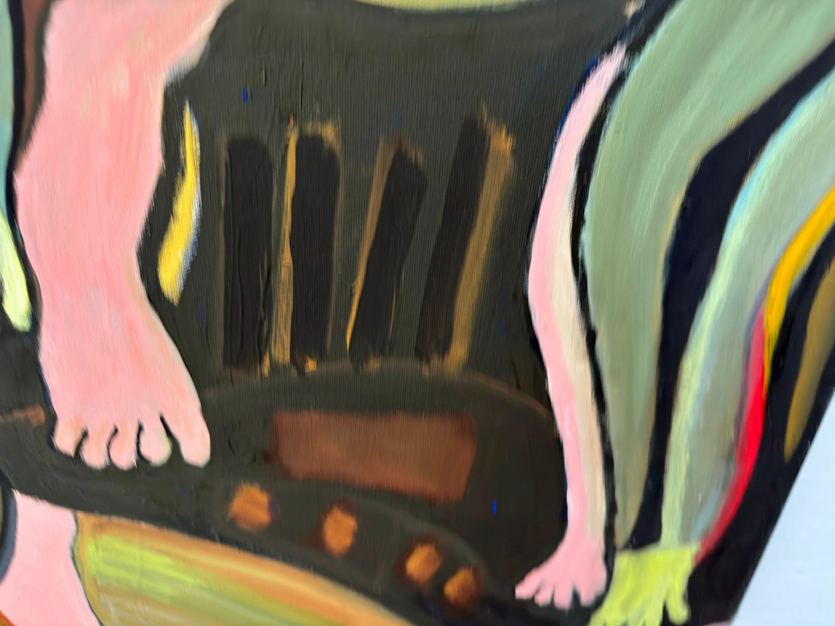 Katherine Borkowski-Byrne’s ‘LaDanse Deconstructed” is an oil painting on canvas 48 x 60 x 1.5 inches with lively brushwork in a colorful scale of greens, blues, browns, reds, pinks and orange with a dark background of browns and reds. This painting