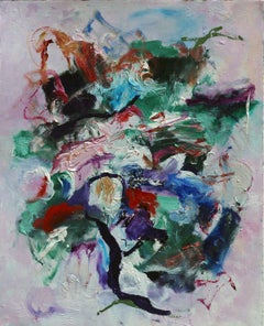 "Pequeño azul", abstracto, contemporáneo, rojo, verde, naranja, azul, óleo