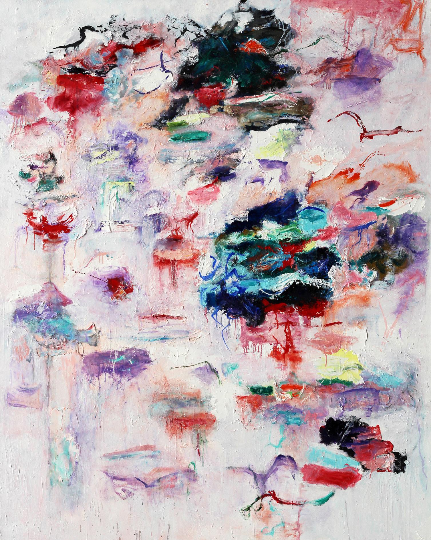 "Lost Keys", abstract, red, blue, orange, purple, white, oil painting - Painting by Katherine Borkowski-Byrne