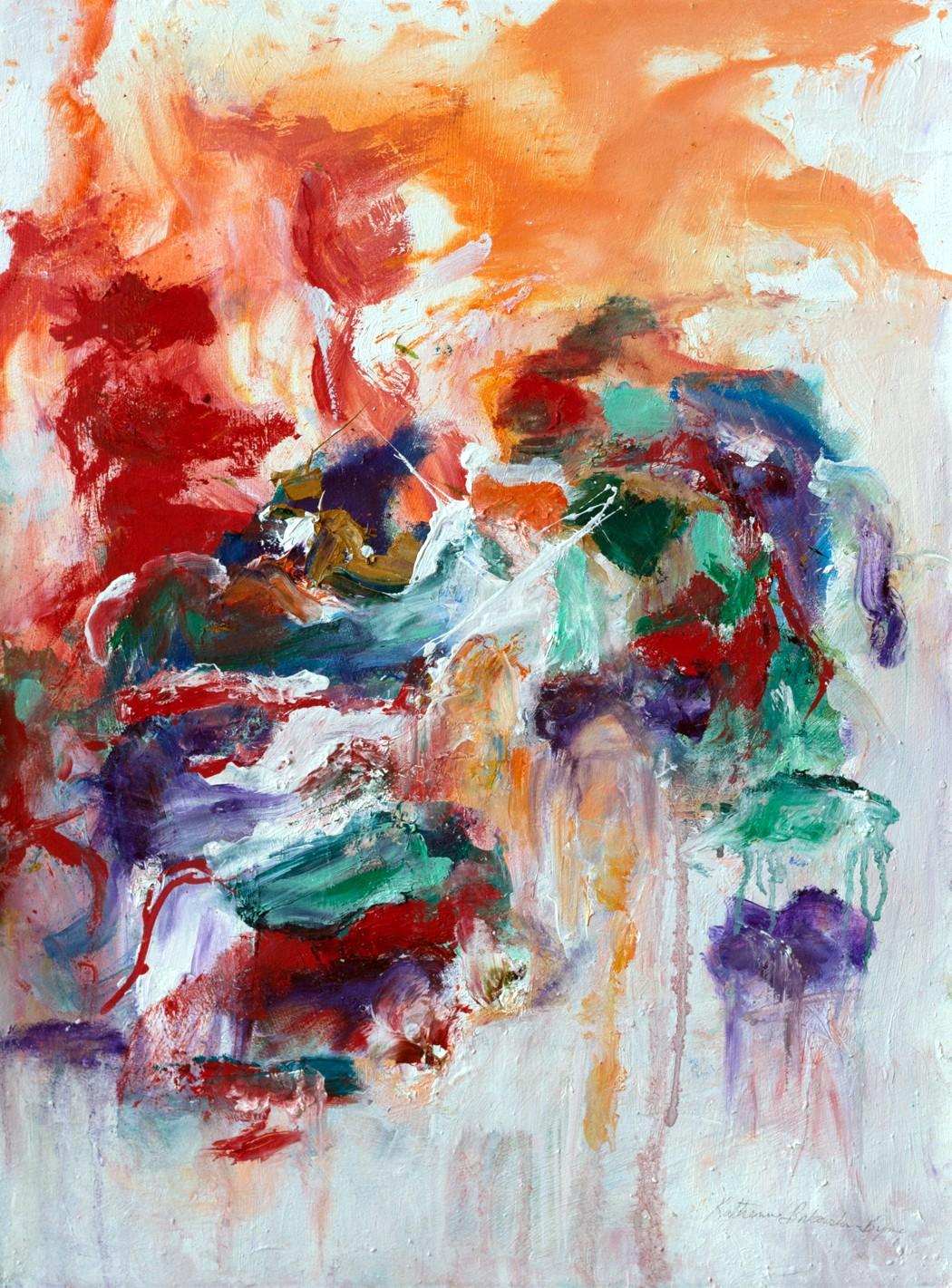 "Il mio piccolo focolare", astratto, rosso, arancione, viola, blu, bianco, pittura a olio - Painting di Katherine Borkowski-Byrne