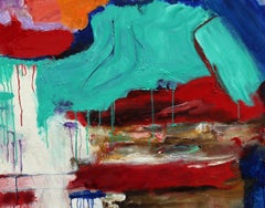 « New Horizons », peinture à l'huile abstraite, expressionniste, rouge, bleu, blanc