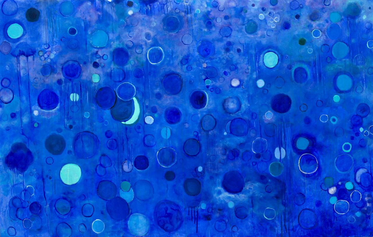Katherine Borkowski-Byrne Abstract Painting - "Observations", abstract, blue, green, violet, oil painting