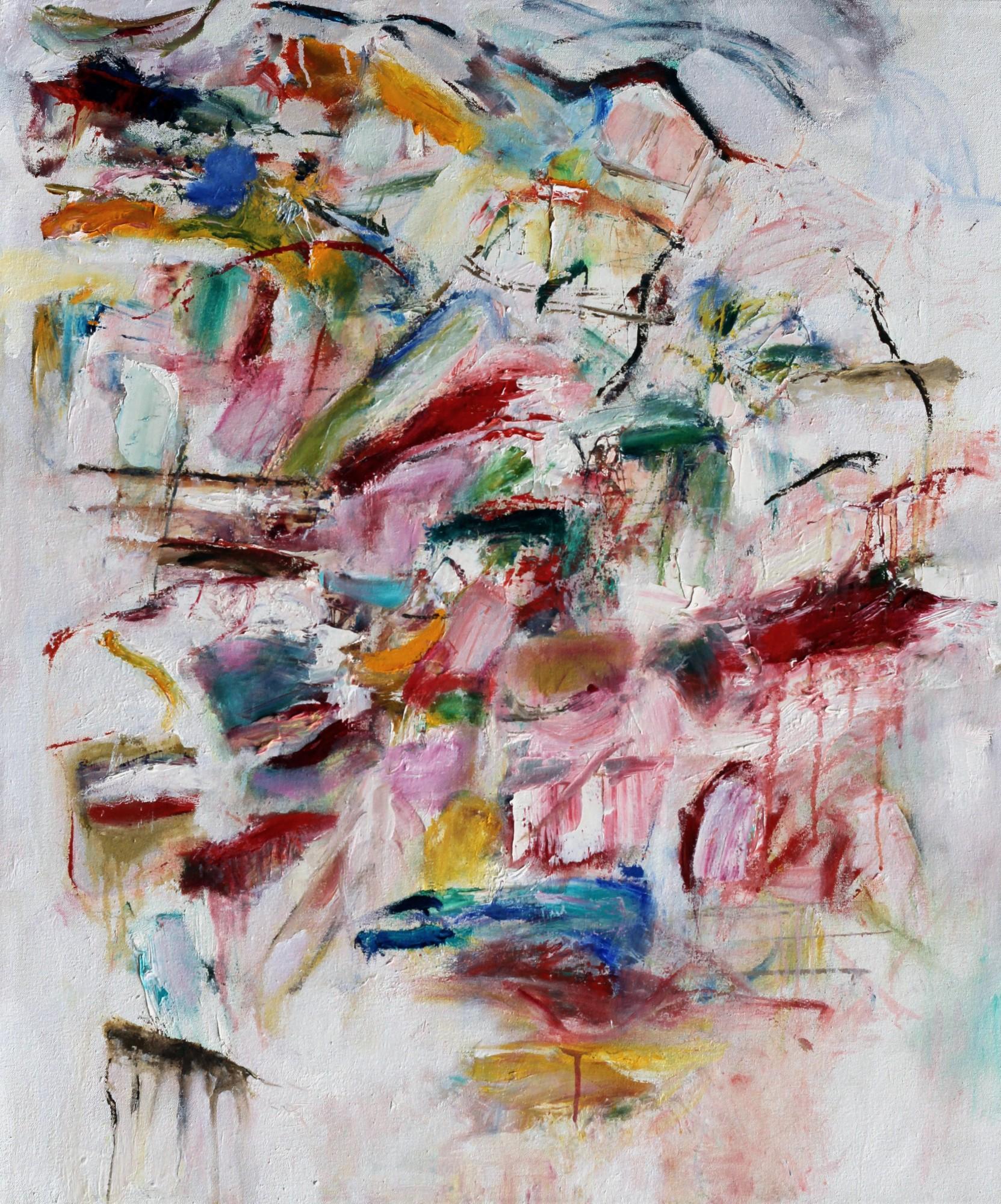 Katherine Borkowski-Byrne Abstract Painting - "On the Cusp", abstract, red, blue, green, yellow, white, oil painting