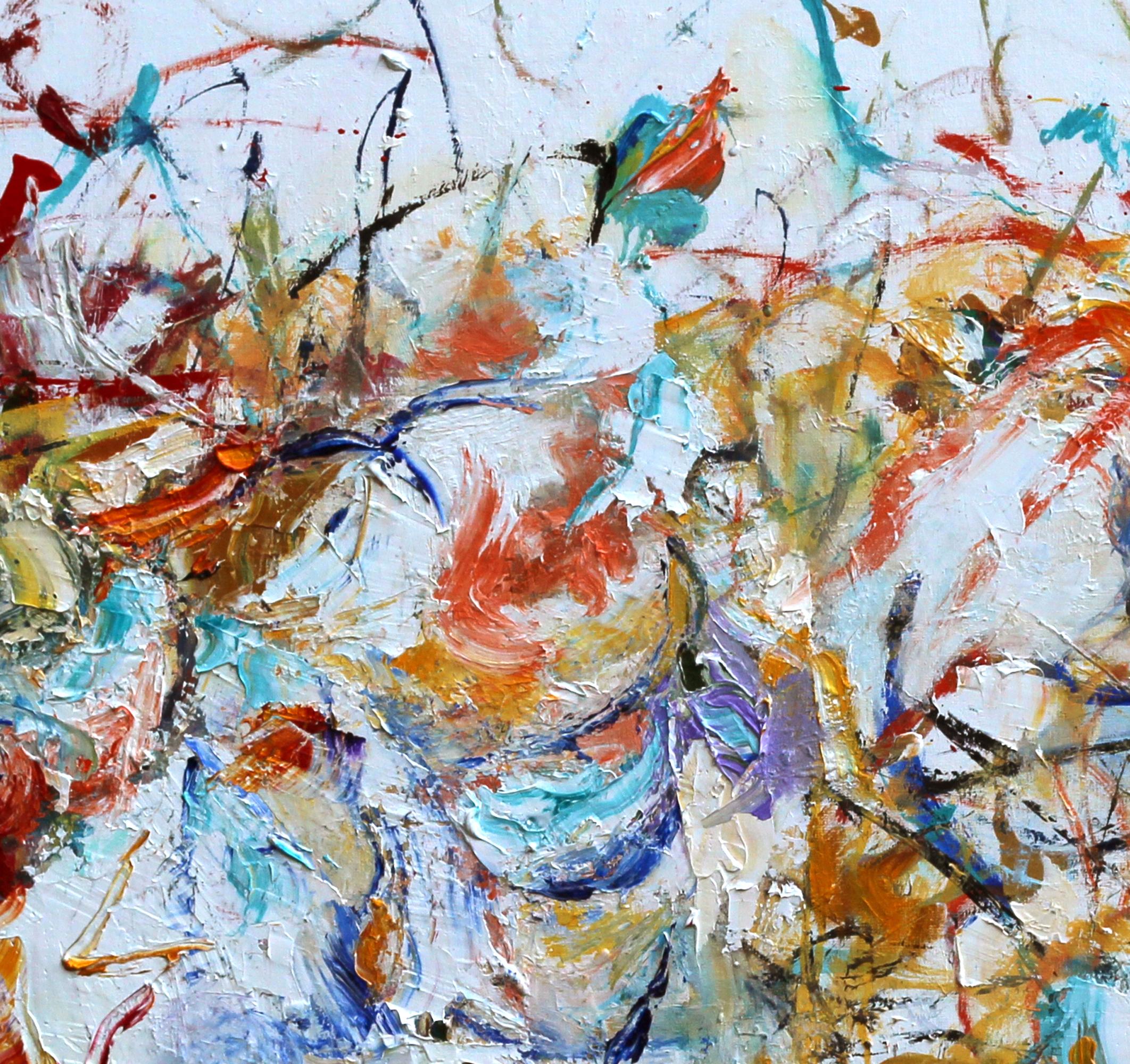 Katherine Borkowski-Byrne’s “Out of Order” is a colorful abstract expressionist oil painting 38 x 60 x 1.5 inches on canvas with thick and thin spontaneous brushwork, drips and splashes.  Calligraphic marks intermixed with painterly painting in high