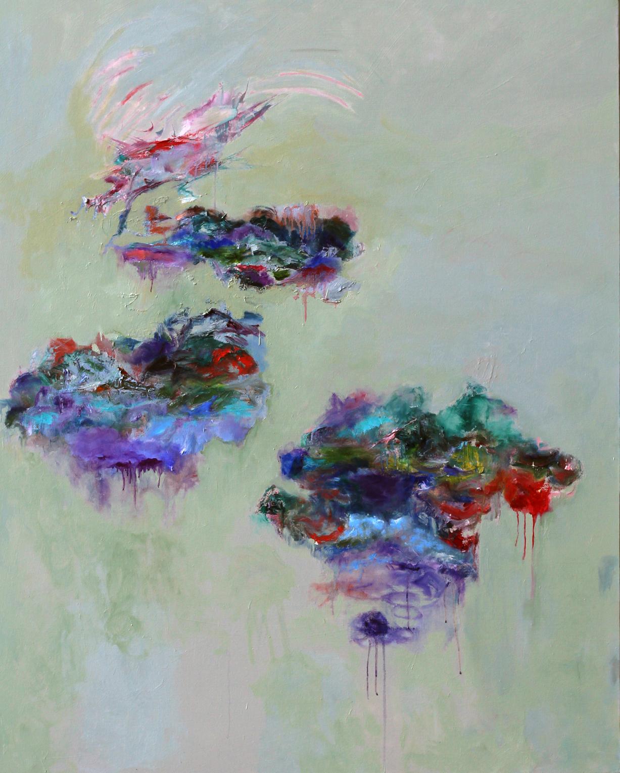 "Personal Voyage", abstract, blue, red, purple, green, oil painting - Painting by Katherine Borkowski-Byrne