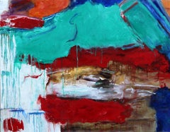 « Nettoyage de printemps », abstrait, expressionniste, rouge, bleu, or, blanc, peinture à l'huile