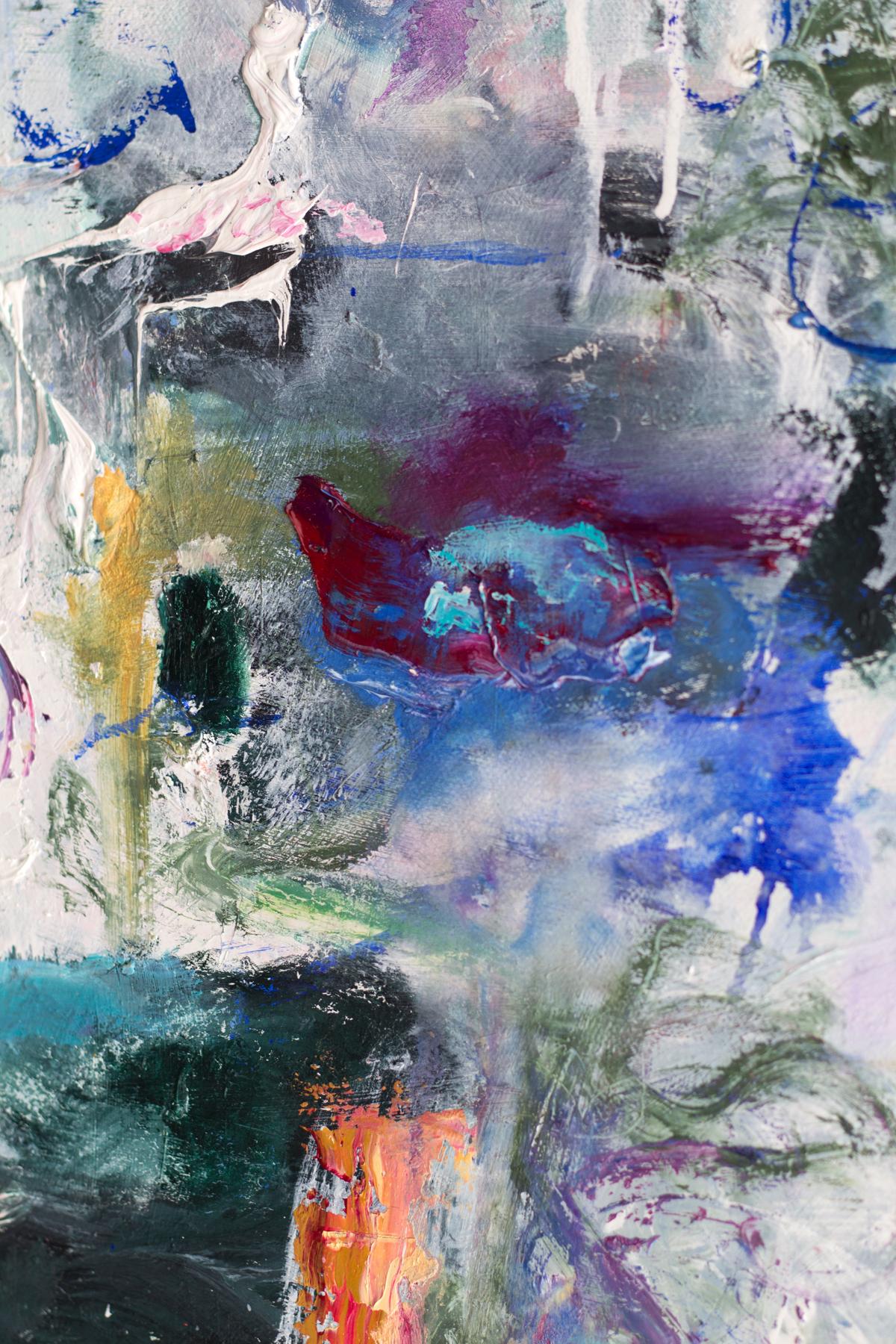 «Strands of Time », peinture à l'huile abstraite, vert, bleu, rouge, jaune - Abstrait Painting par Katherine Borkowski-Byrne