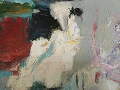 "Tall Tale", abstract, red, blue, black, pastel, gray, oil painting