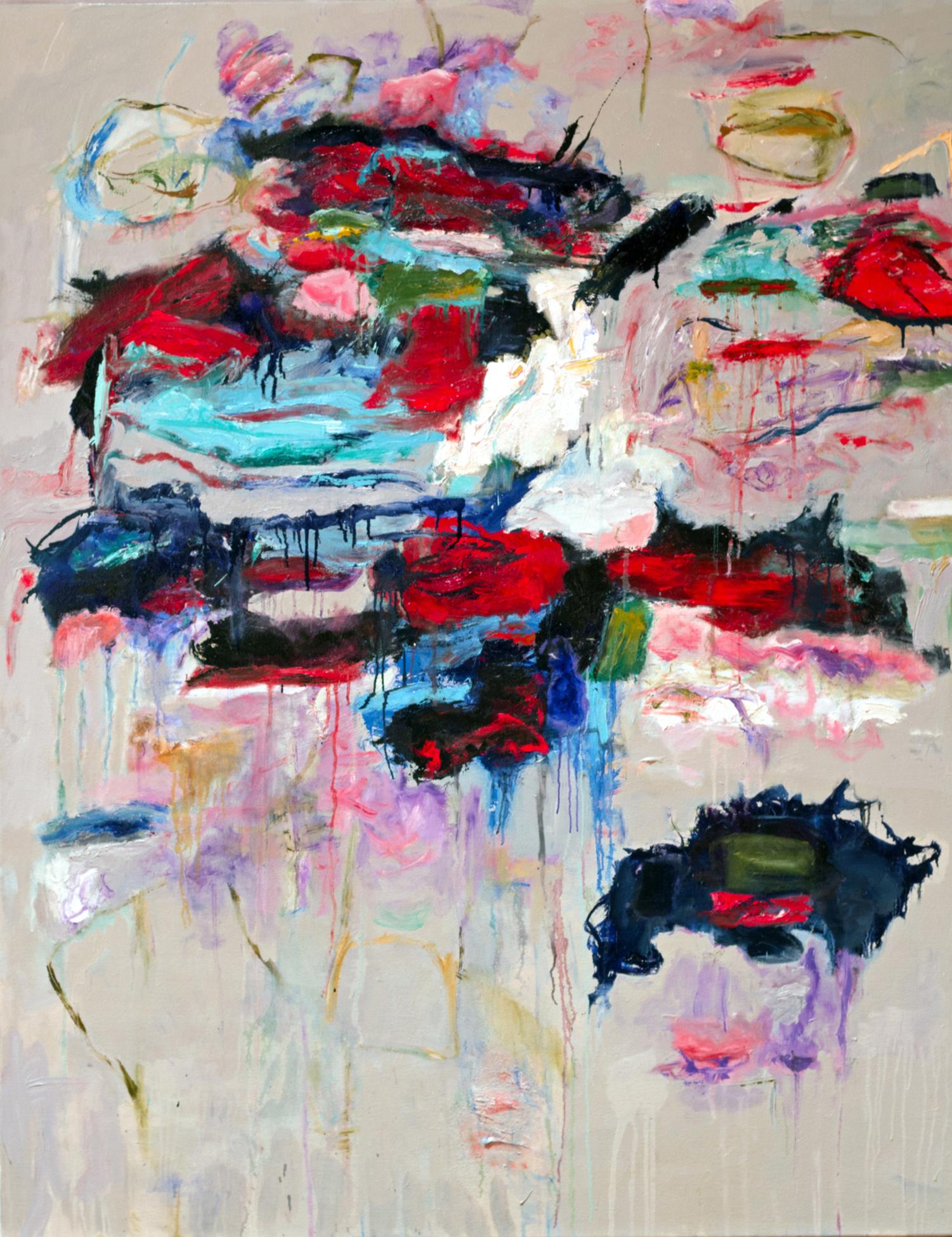 Katherine Borkowski-Byrne Abstract Painting - "Tall Tale", abstract, red, blue, black, pastel, gray, oil painting