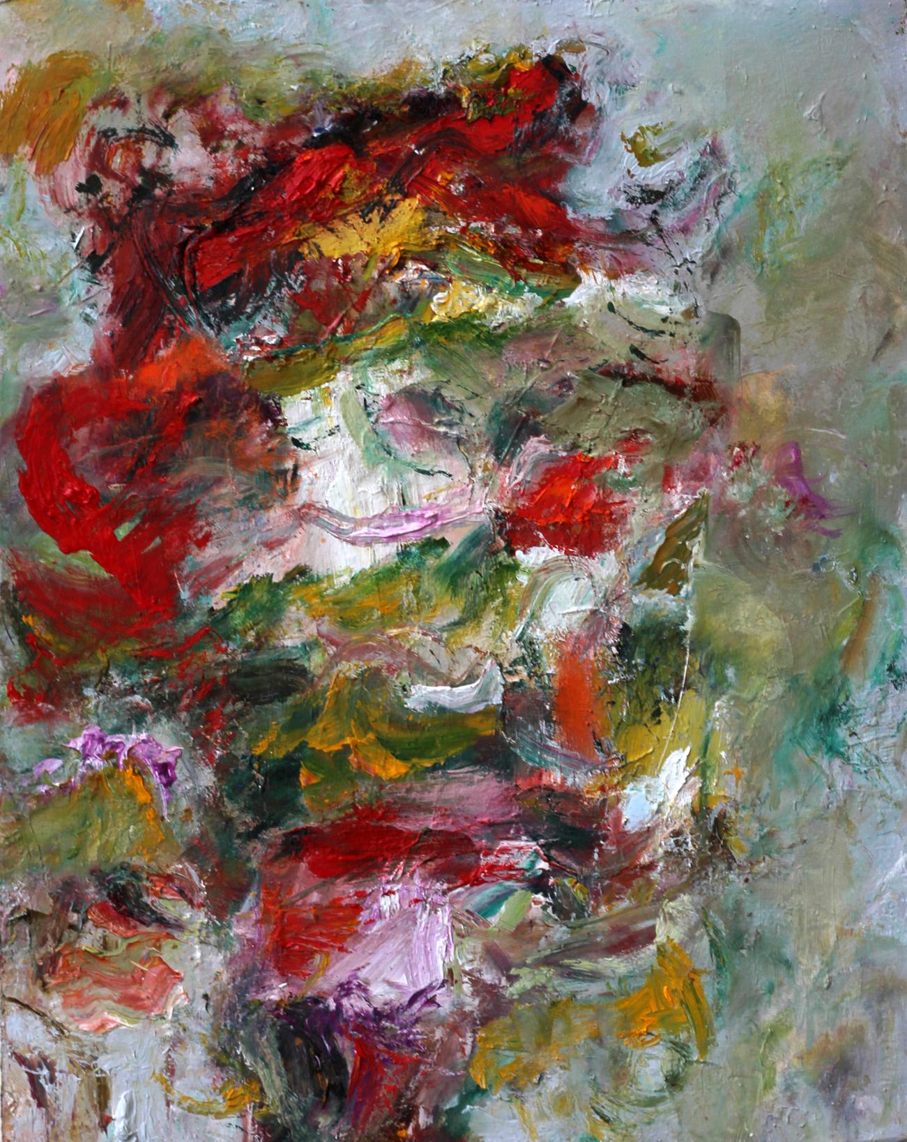 Katherine Borkowski-Byrne Abstract Painting - "Unearthing", abstract, texture, multi-colored, reds, greens, grey, oil painting