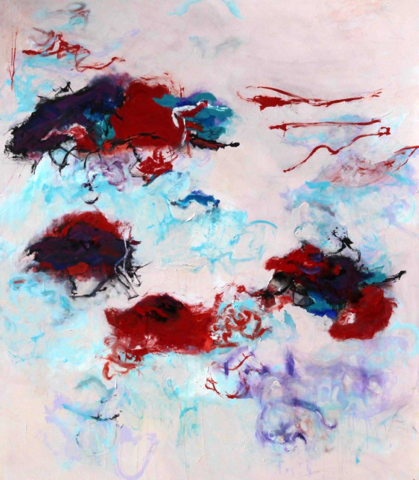 "Writing in the Sky", abstract, red, blue, purple, oil painting - Painting by Katherine Borkowski-Byrne