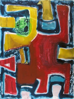"Green Globe Up", yellow, red, blue, abstract, vivid, gestural