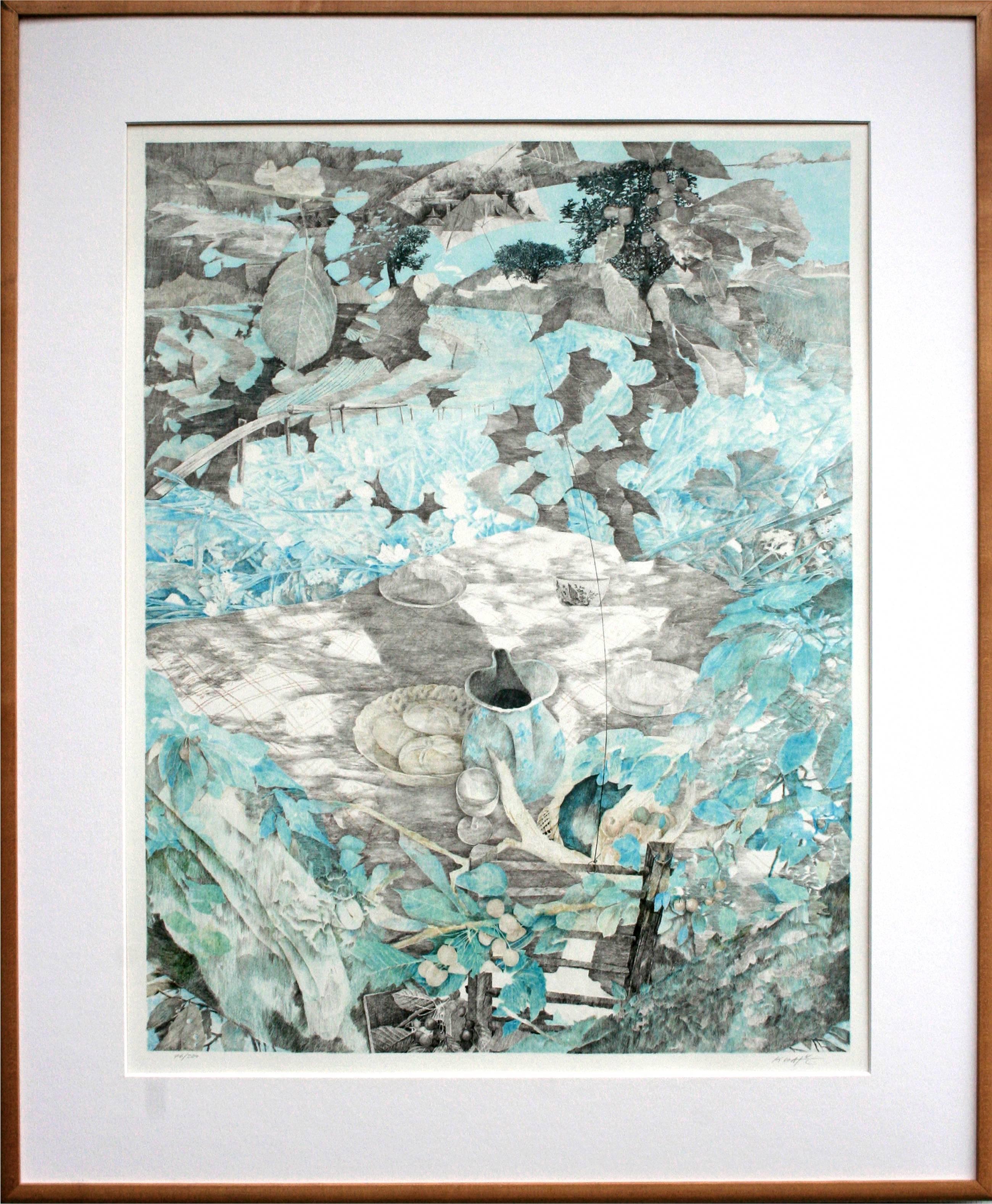  Katherine Chang Liu Abstract Print - Picnic & Kite Abstract Landscape Lithograph, Signed, 76/200, Framed