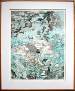 Picnic & Kite Abstract Landscape Lithograph, Signed, 76/200, Framed