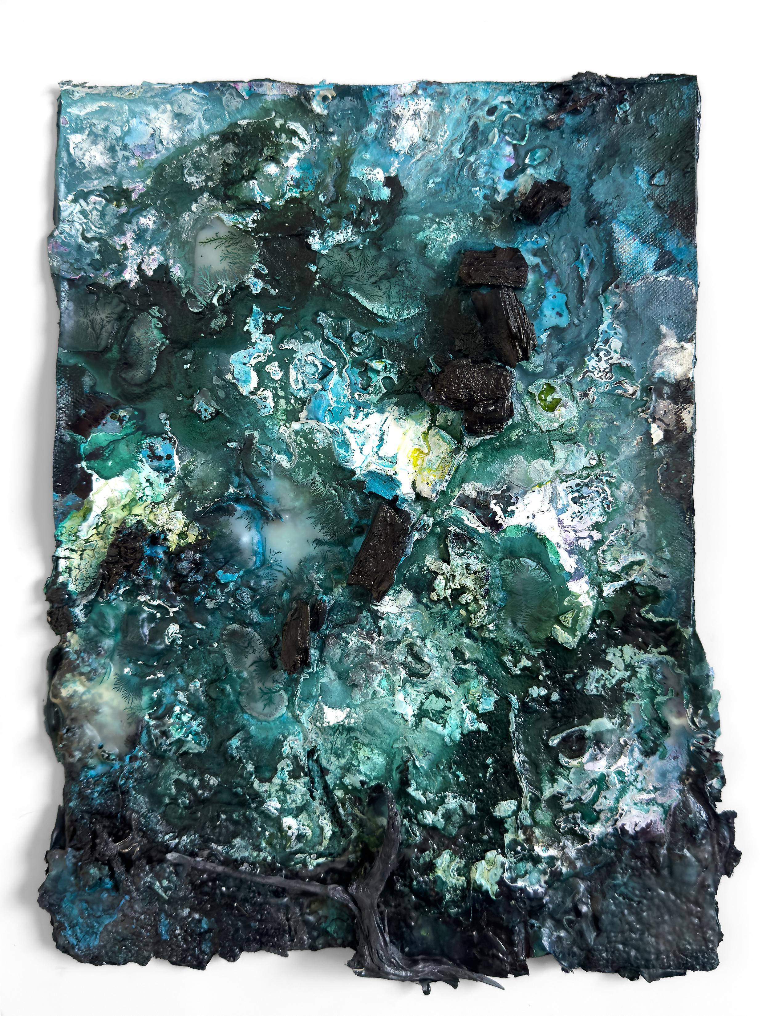 Katherine Filice Abstract Painting - "A View From The Moon (No.6)" A gorgeous textural work featuring blues and green