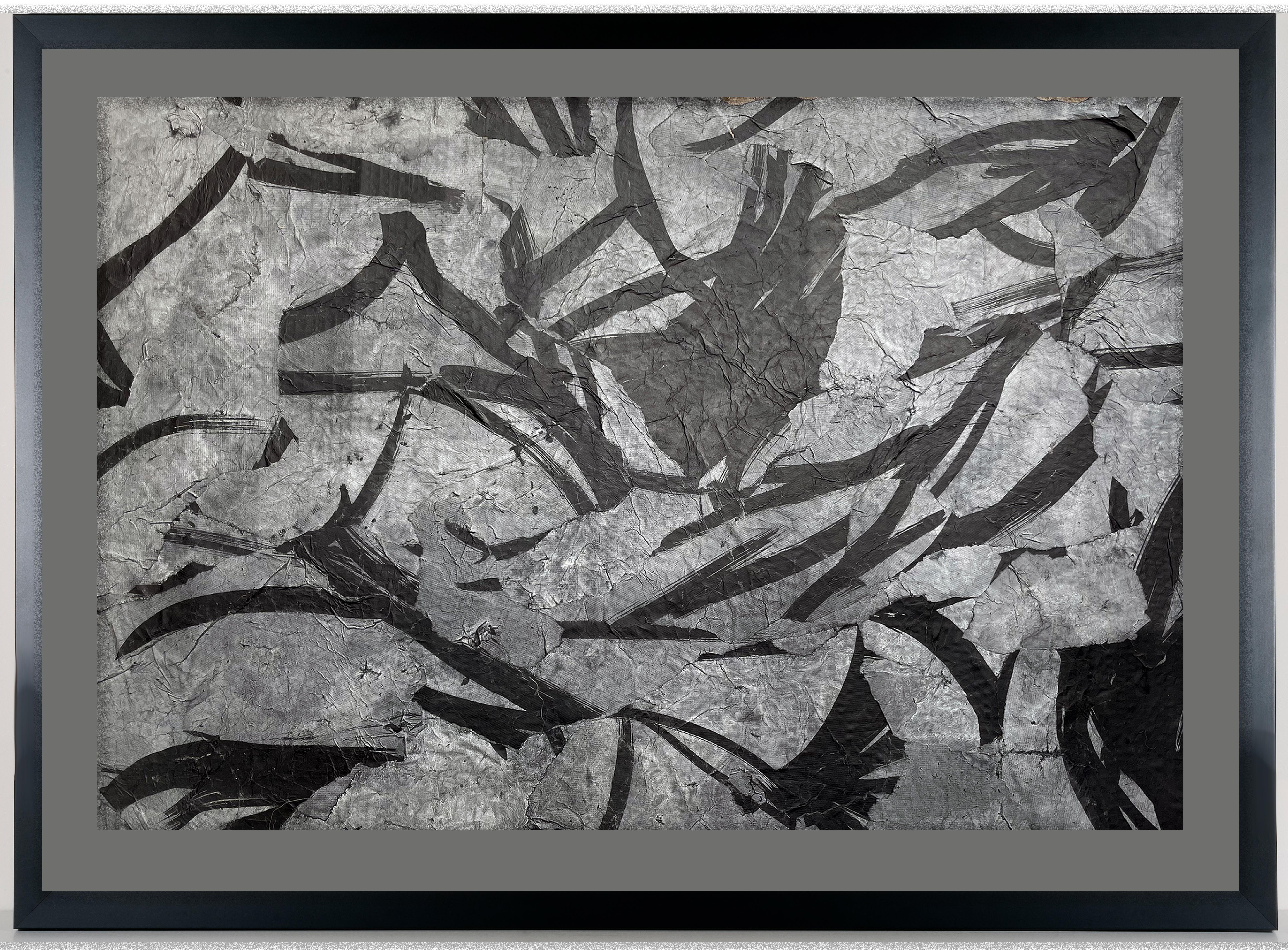 Fallen Angels Always Rise is a layered meditation on resilience, transformation, and the quiet persistence of spirit. Katherine Filice’s composition unfolds in a textured field of sumi ink and torn paper, where calligraphic strokes twist and