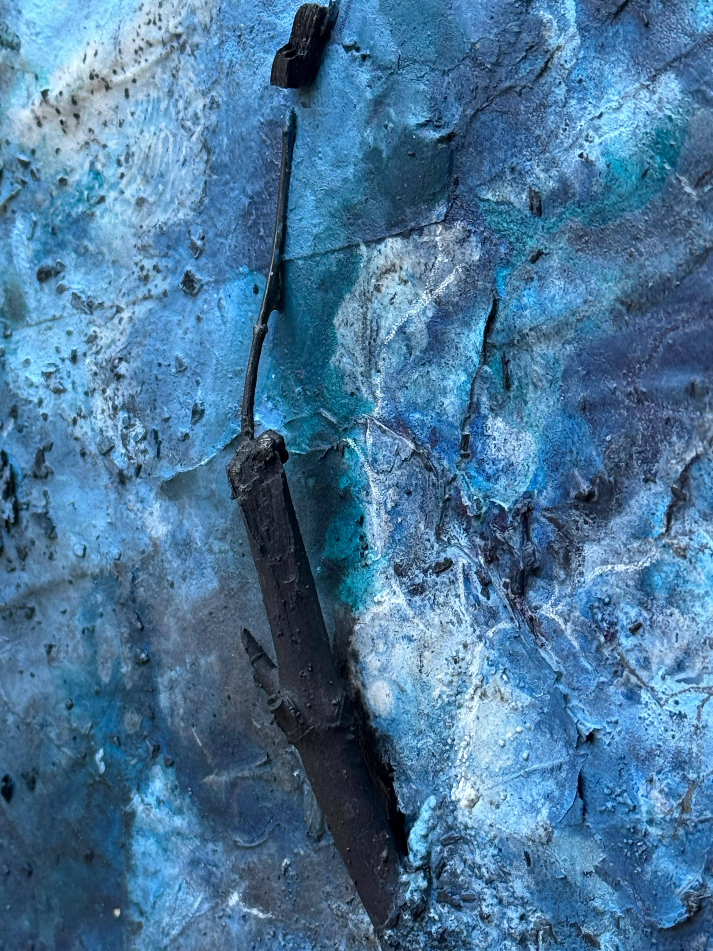 Hiding on Saturn (No. 2) A gorgeous forestal blue dimensional framed painting For Sale 7