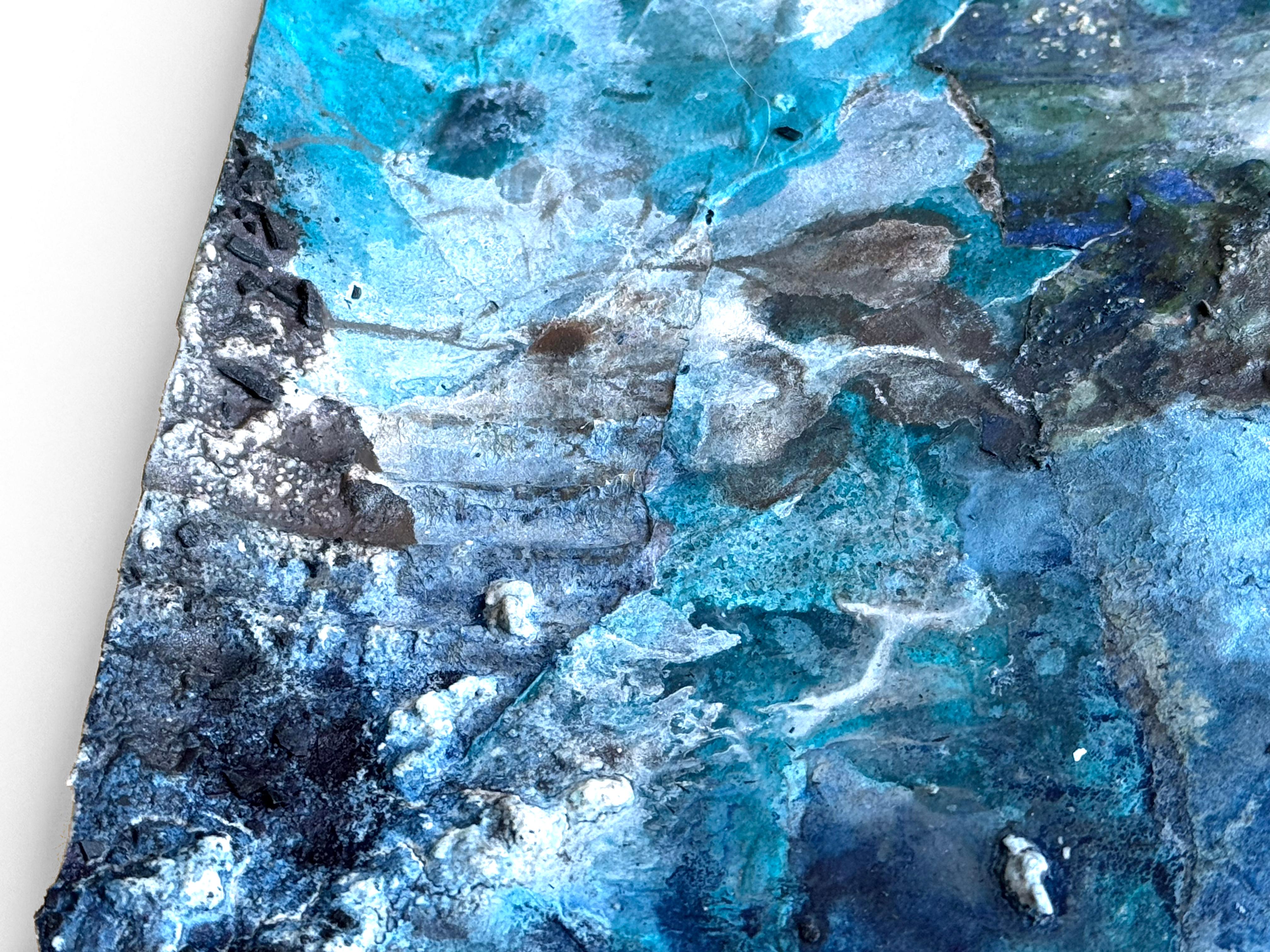 Hiding on Saturn (No. 2) A gorgeous forestal blue dimensional framed painting For Sale 8