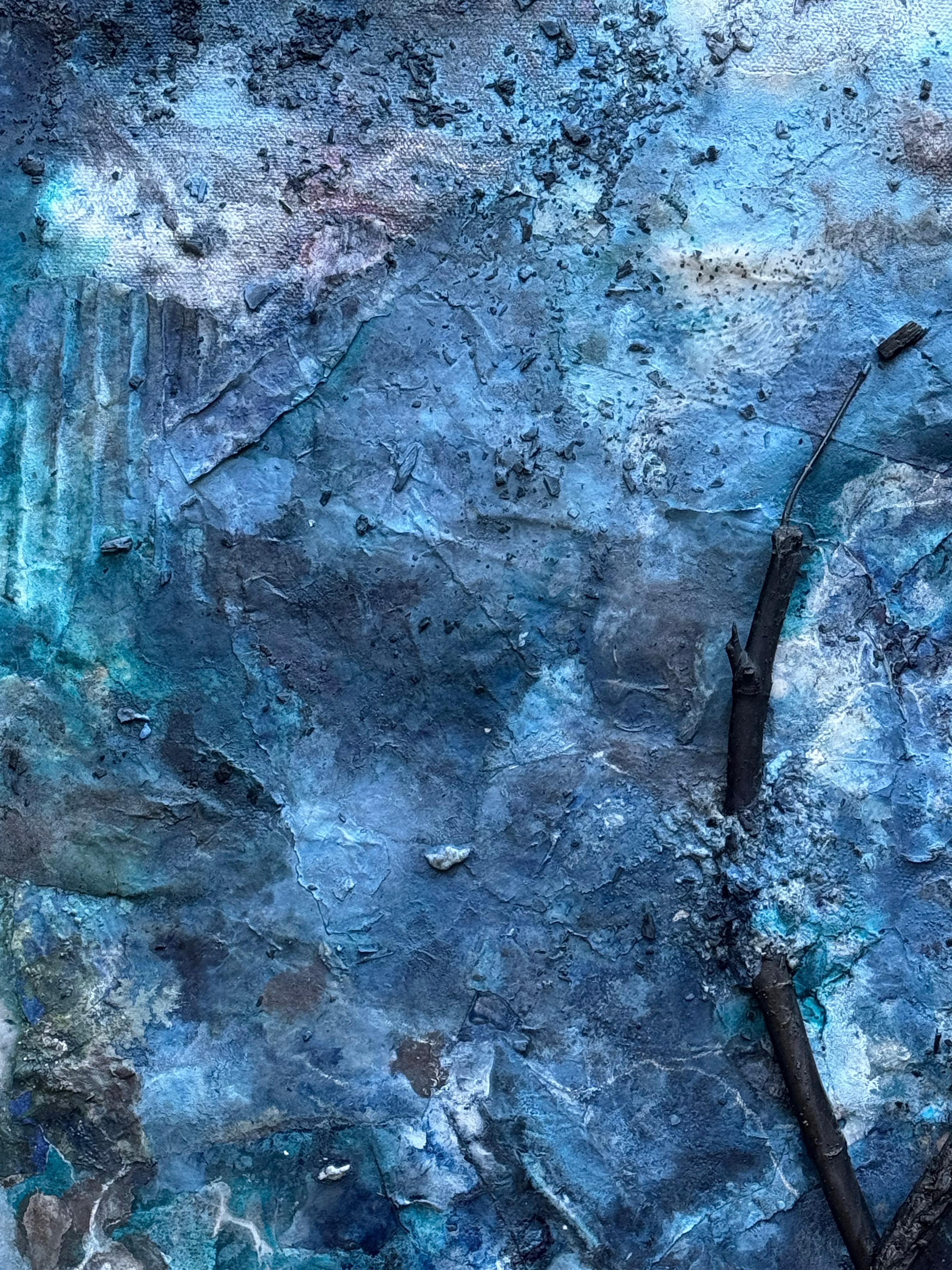 Hiding on Saturn (No. 2) A gorgeous forestal blue dimensional framed painting - Abstract Mixed Media Art by Katherine Filice