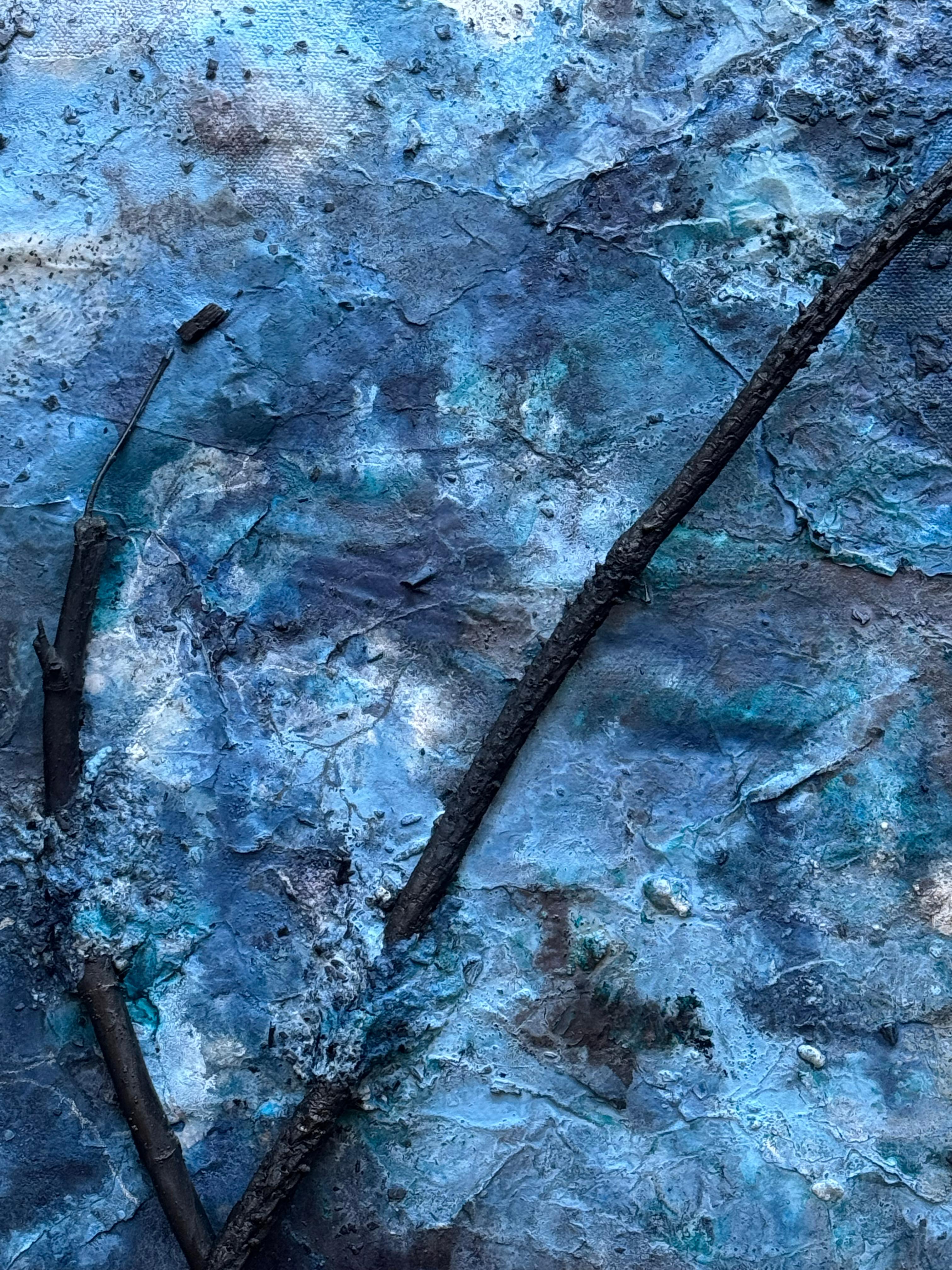 Hiding on Saturn (No. 2) A gorgeous forestal blue dimensional framed painting For Sale 1