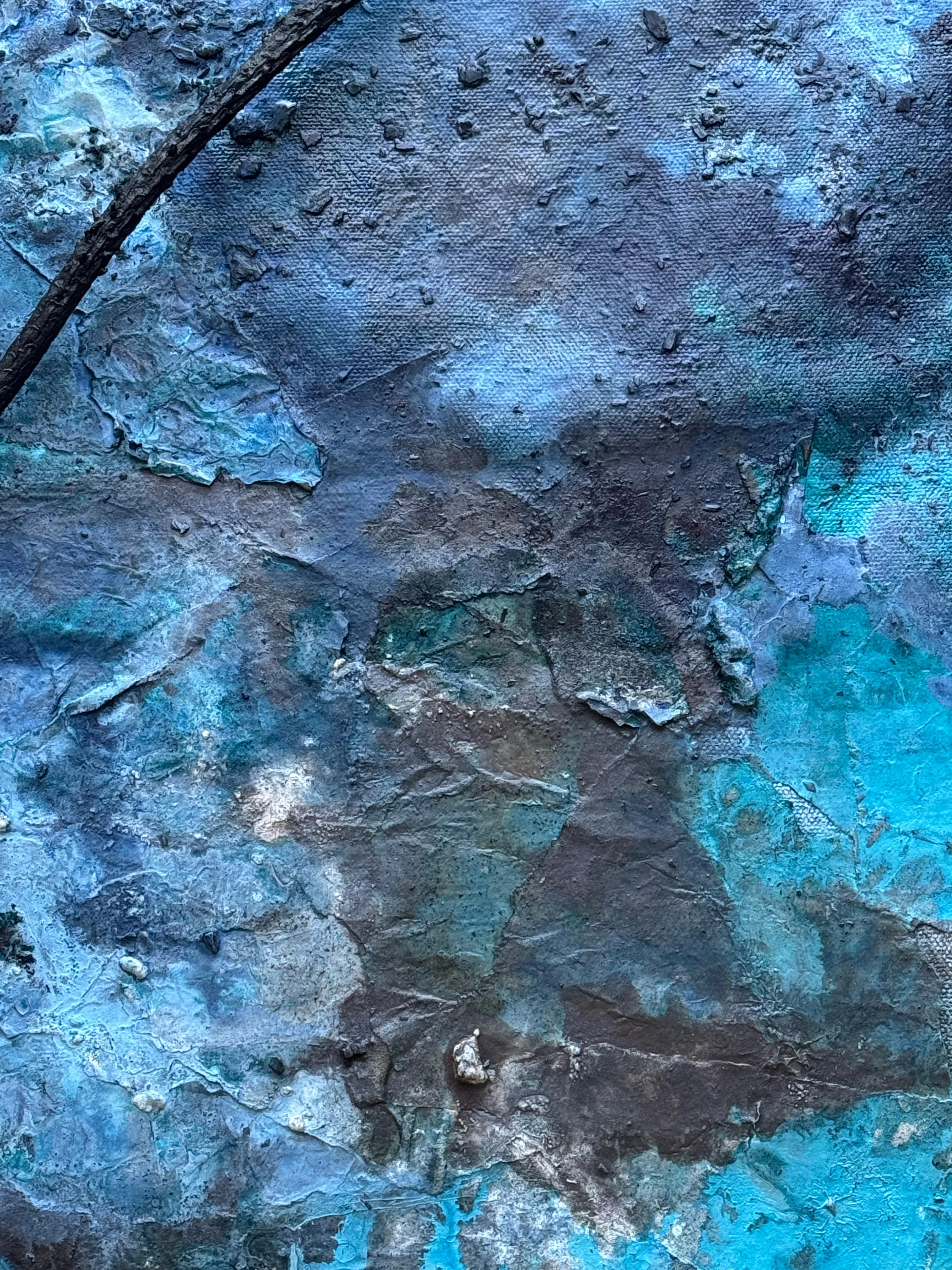 Hiding on Saturn (No. 2) A gorgeous forestal blue dimensional framed painting For Sale 2
