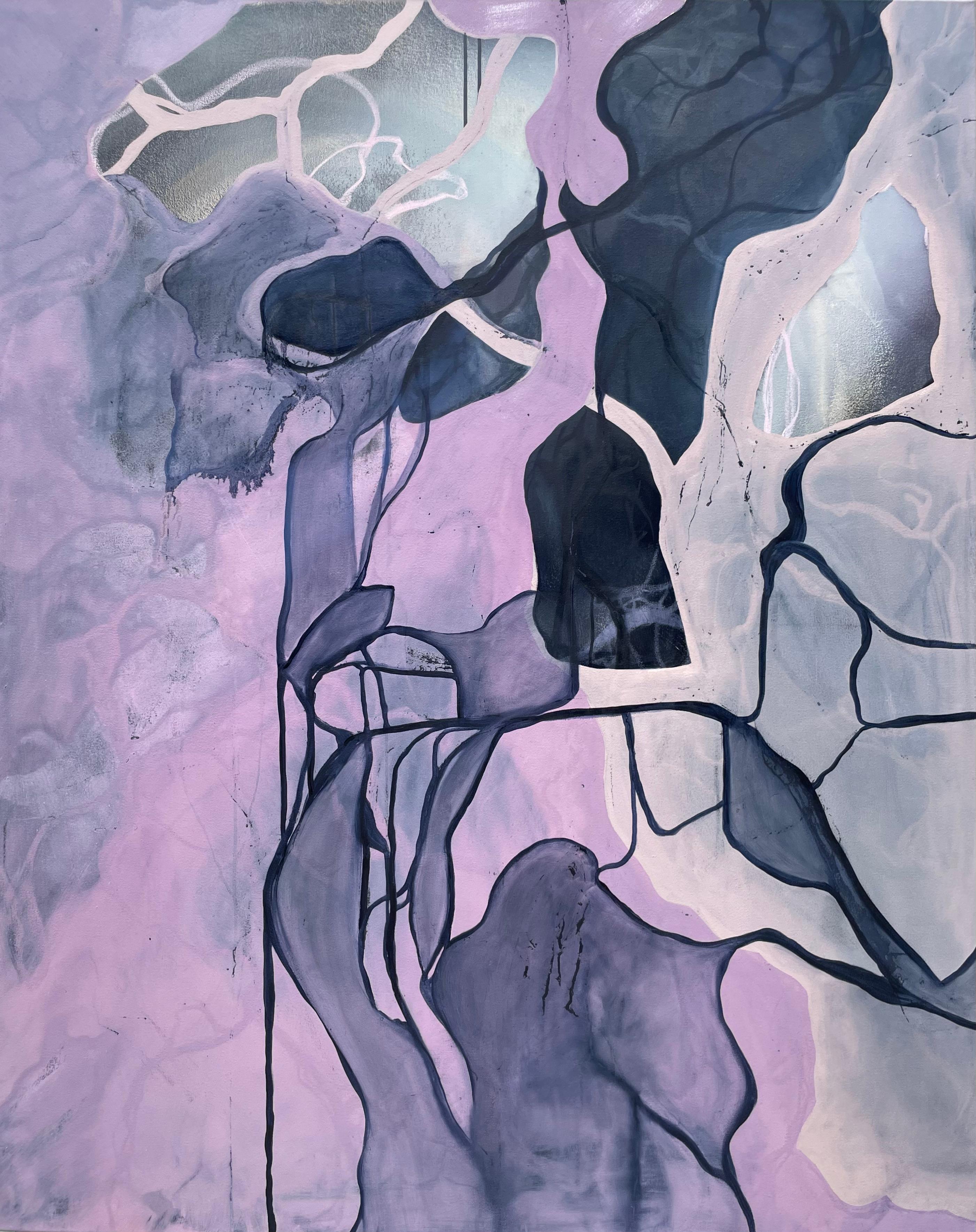 Abstract Painting di Katherine Filice - "Premonizioni" Un grande dipinto a olio evocativo con blu, rosa e lavanda