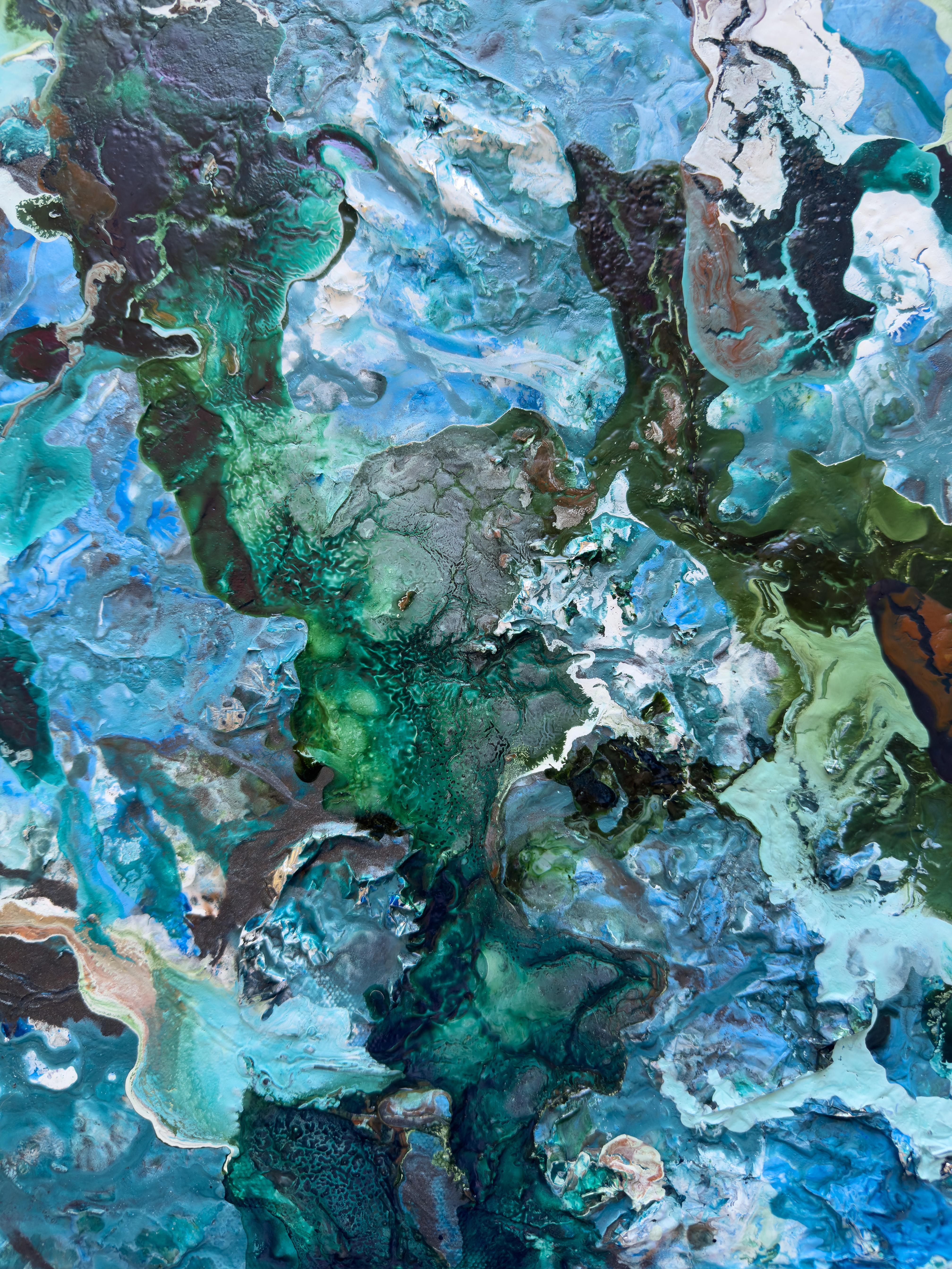 Shinrin Yoku An abstract painting featuring blue, brown and green. – Painting von Katherine Filice