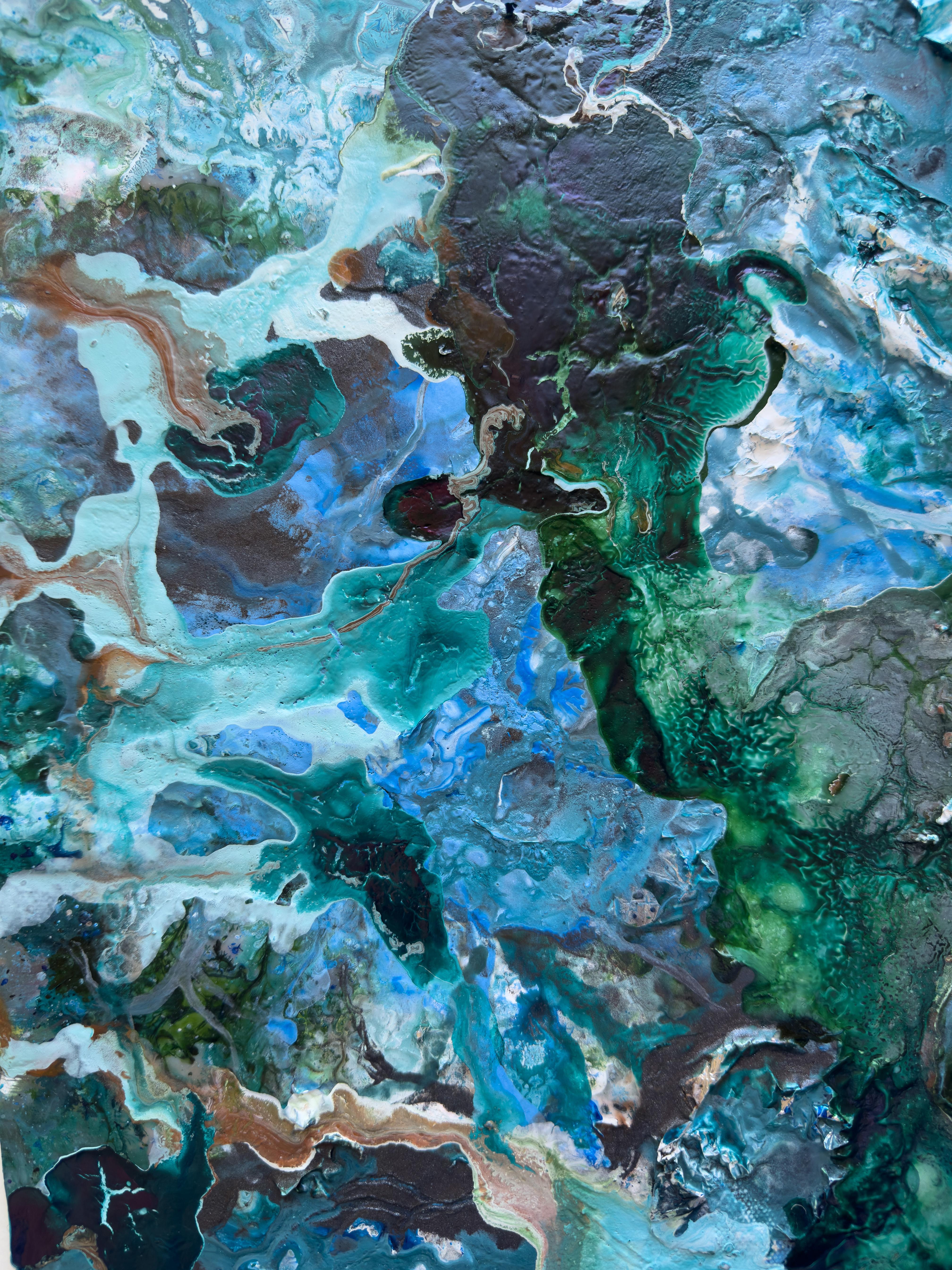 Shinrin Yoku An abstract painting featuring blue, brown and green. (Abstrakt), Painting, von Katherine Filice