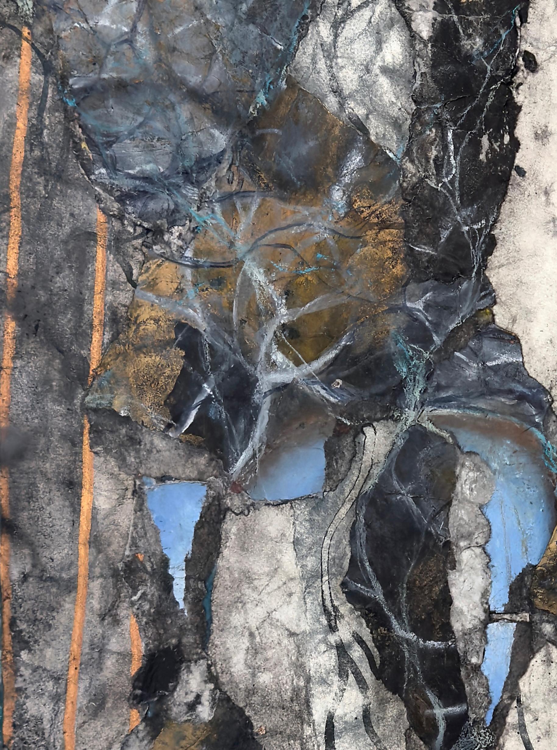 Spirit Guide (No. 2) Abstracted blue butterflies with gold and gray inks For Sale 1