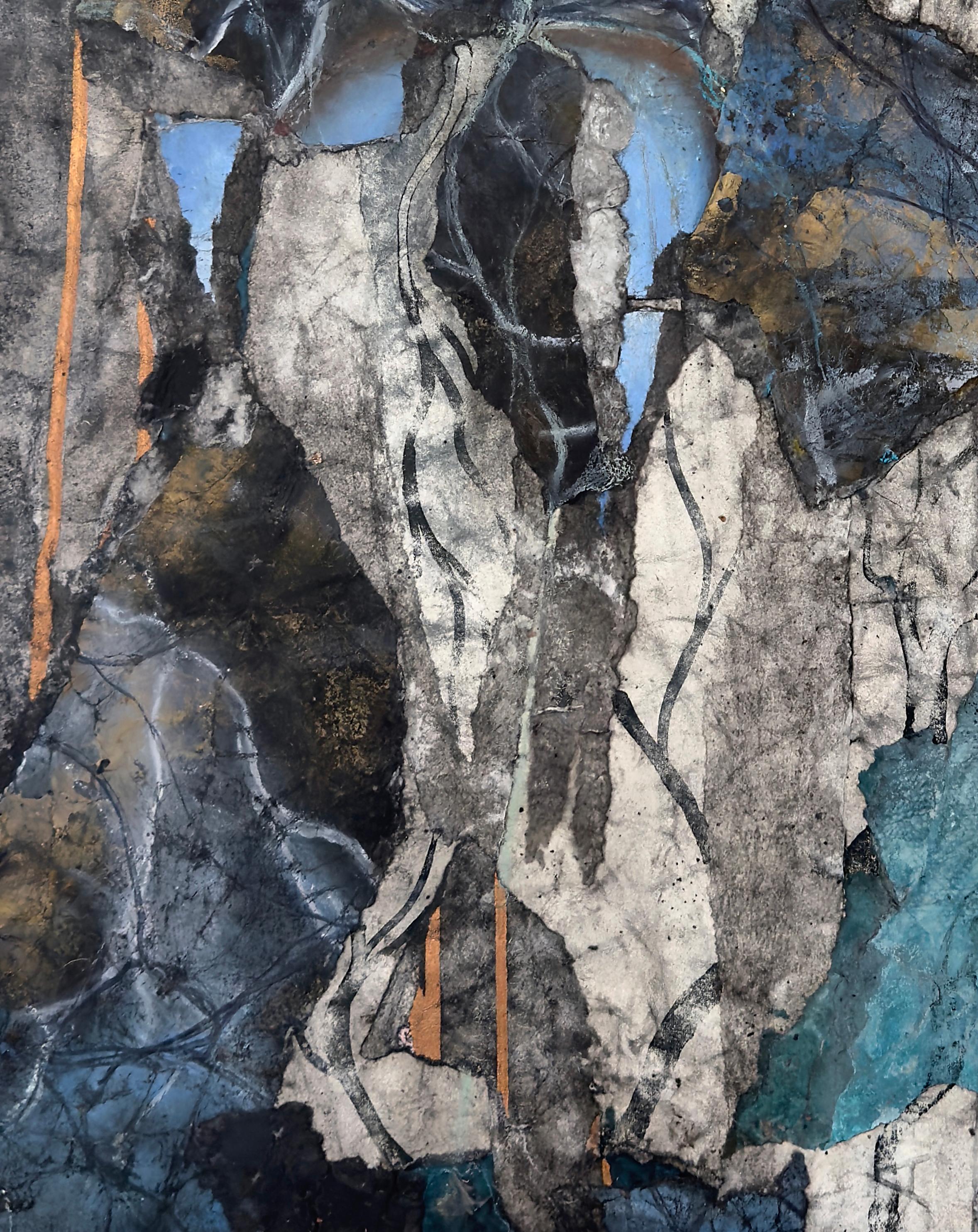 Spirit Guide (No. 2) Abstracted blue butterflies with gold and gray inks For Sale 5