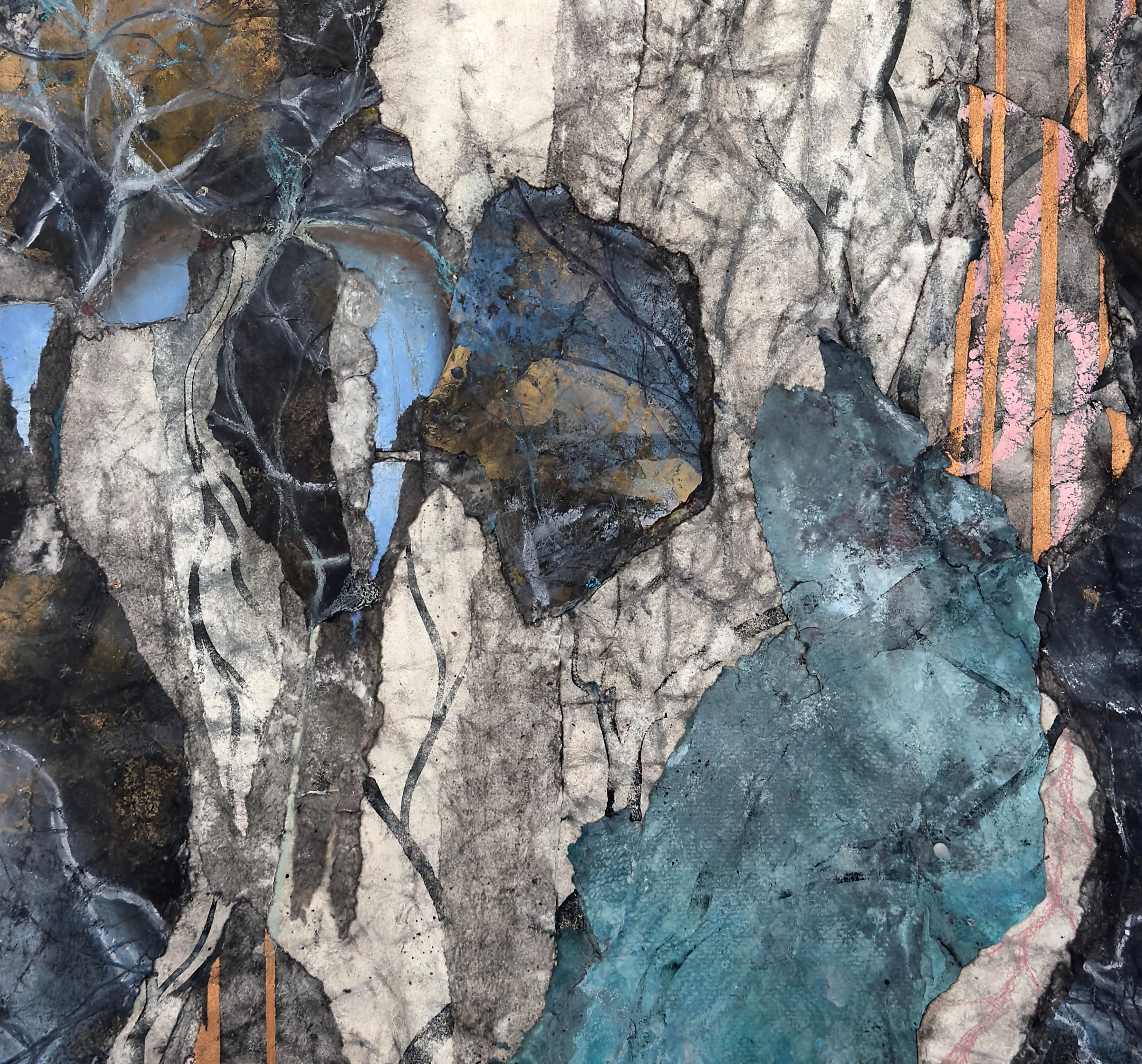 Spirit Guide (No. 2) Abstracted blue butterflies with gold and gray inks For Sale 6