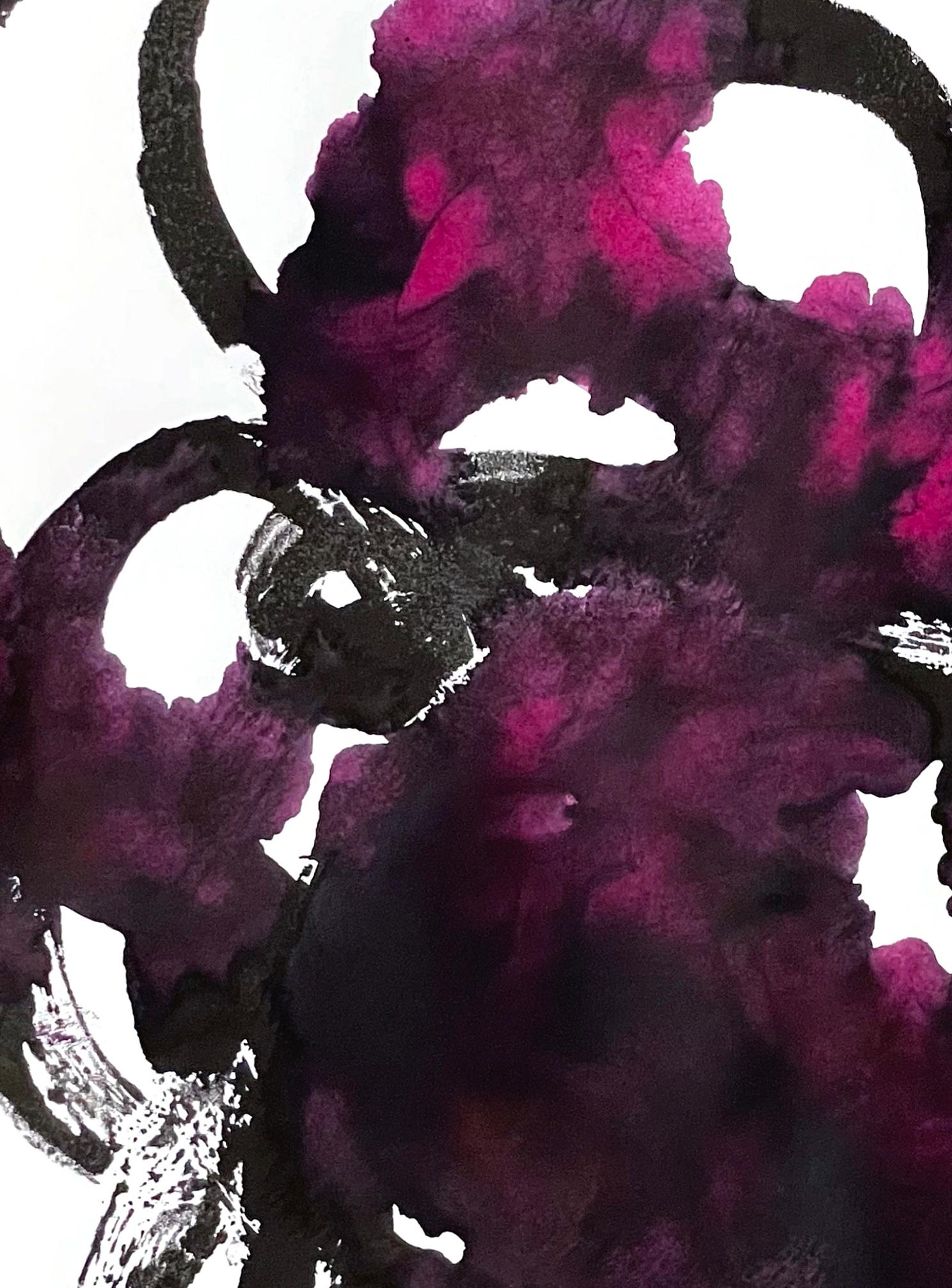 What I Think I Know No. 15 is a dynamic black and magenta ink abstraction on paper by Katherine Filice. The composition features gorgeous sweeping gestures and interwoven lines that form a beautifully complex rhythm of movement and stillness. Deep