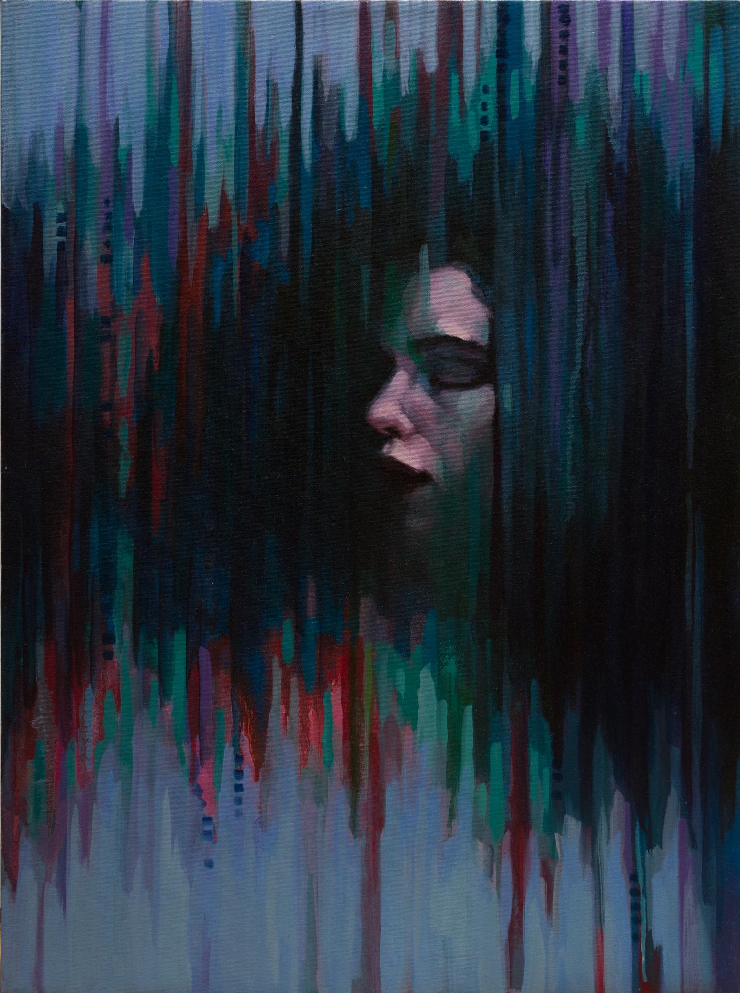 Figurative Painting de Katherine Fraser - "Una clave menor" Paisaje de colores azul oscuro y morado con retrato femenino de perfil