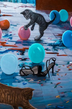 "Abundance Mentality" Oil on canvas, cats, balloons, party scene