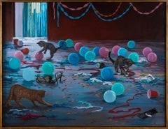 Huile sur toile « Abundance Mentality », chats, ballons, scène de fête