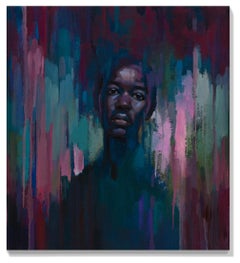 Portrait d'homme expressif "As I Am" flottant dans un paysage de couleurs rouge et violet