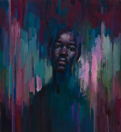 "Tal Como Soy" Retrato Masculino Expresivo Flotando en un Paisaje de Colores Rojo y Violeta