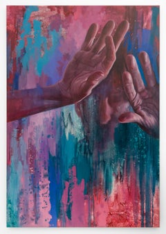 "Authenticity", Hands Emerging From Dripping Color Surface Oil Painting