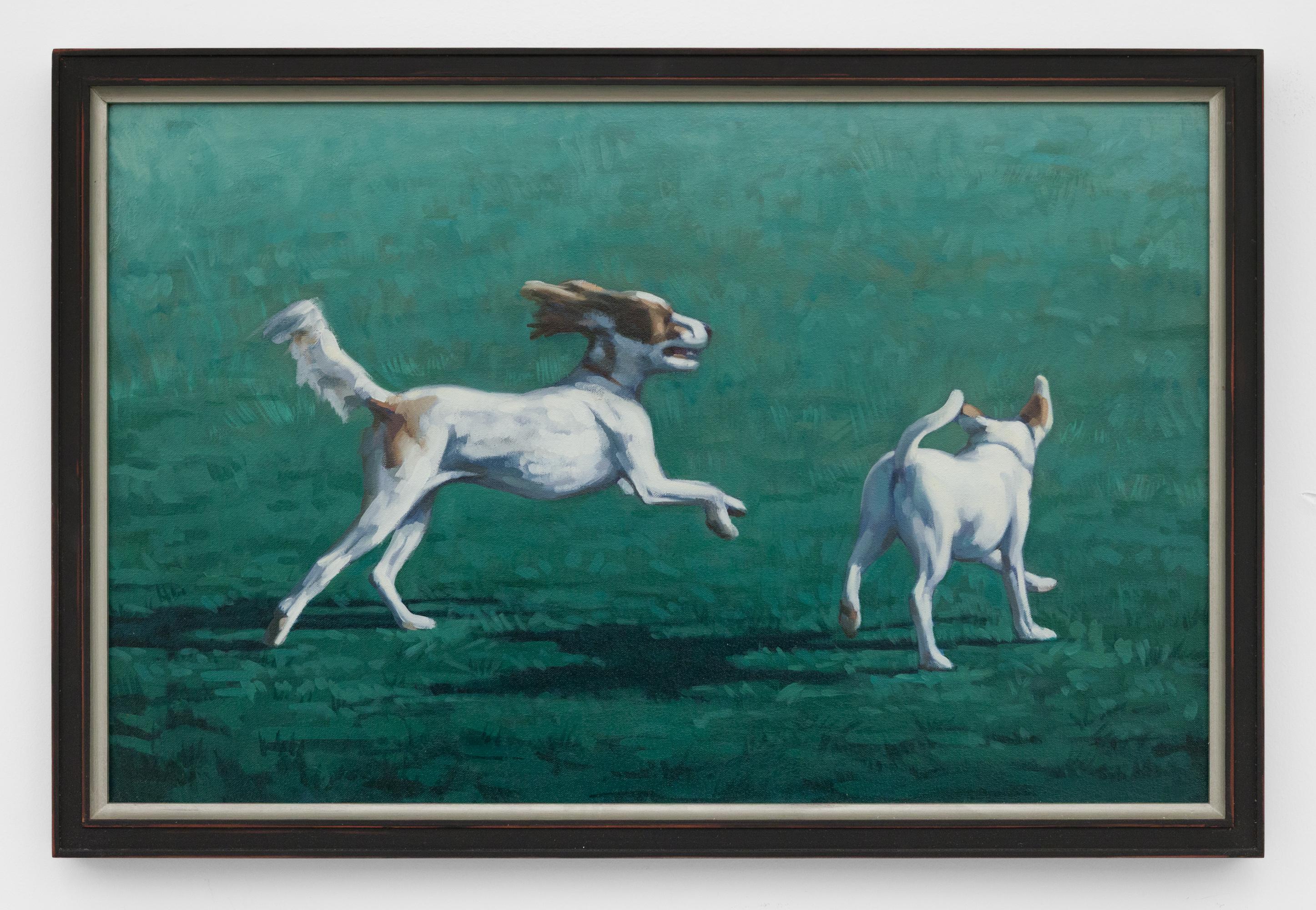 "Buddies" Playful Dogs Running in Oil on Canvas