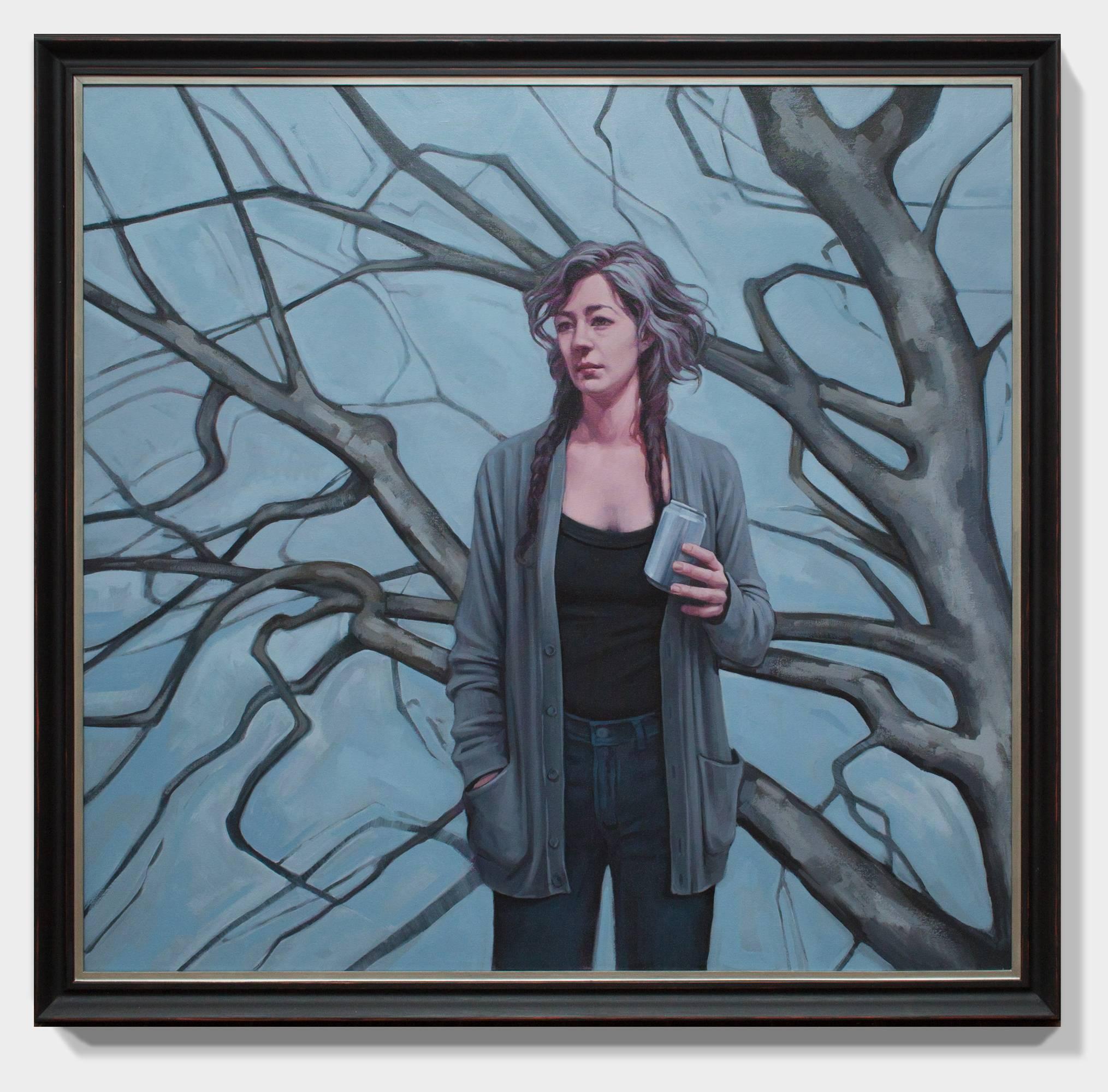 « Elegy », peinture à l'huile figurative, femme, arbre, gris, bleu, marron, beige en vente 1
