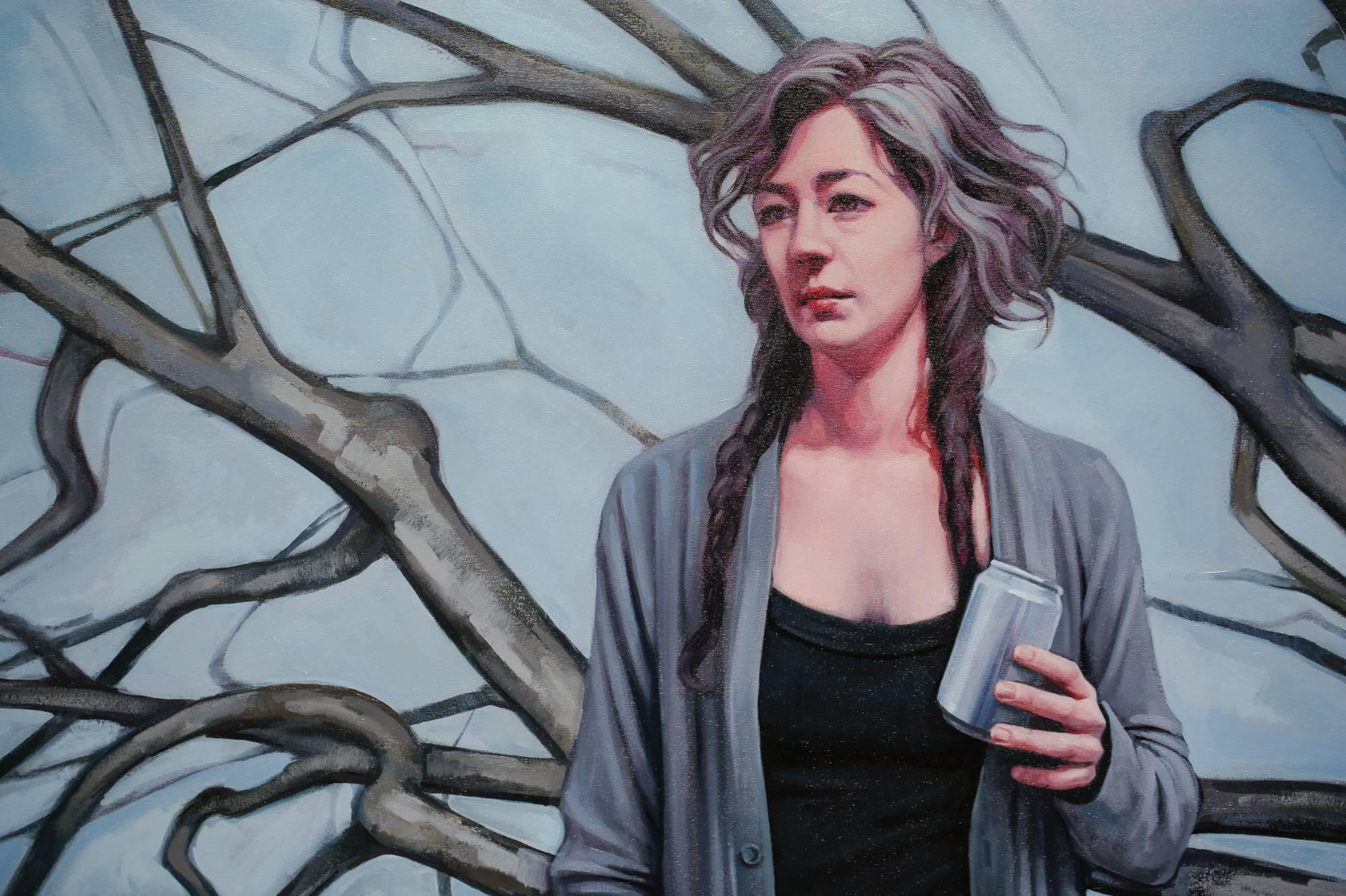 « Elegy », peinture à l'huile figurative, femme, arbre, gris, bleu, marron, beige - Painting de Katherine Fraser