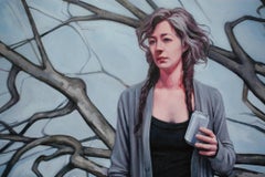 "Elegy", Figurative Oil Painting, Woman, Tree, Grey, Blue, Brown, Beige
