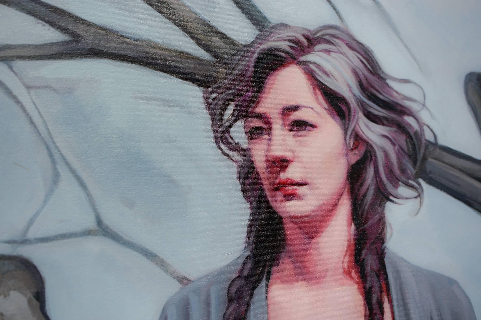 « Elegy », peinture à l'huile figurative, femme, arbre, gris, bleu, marron, beige - Gris Figurative Painting par Katherine Fraser