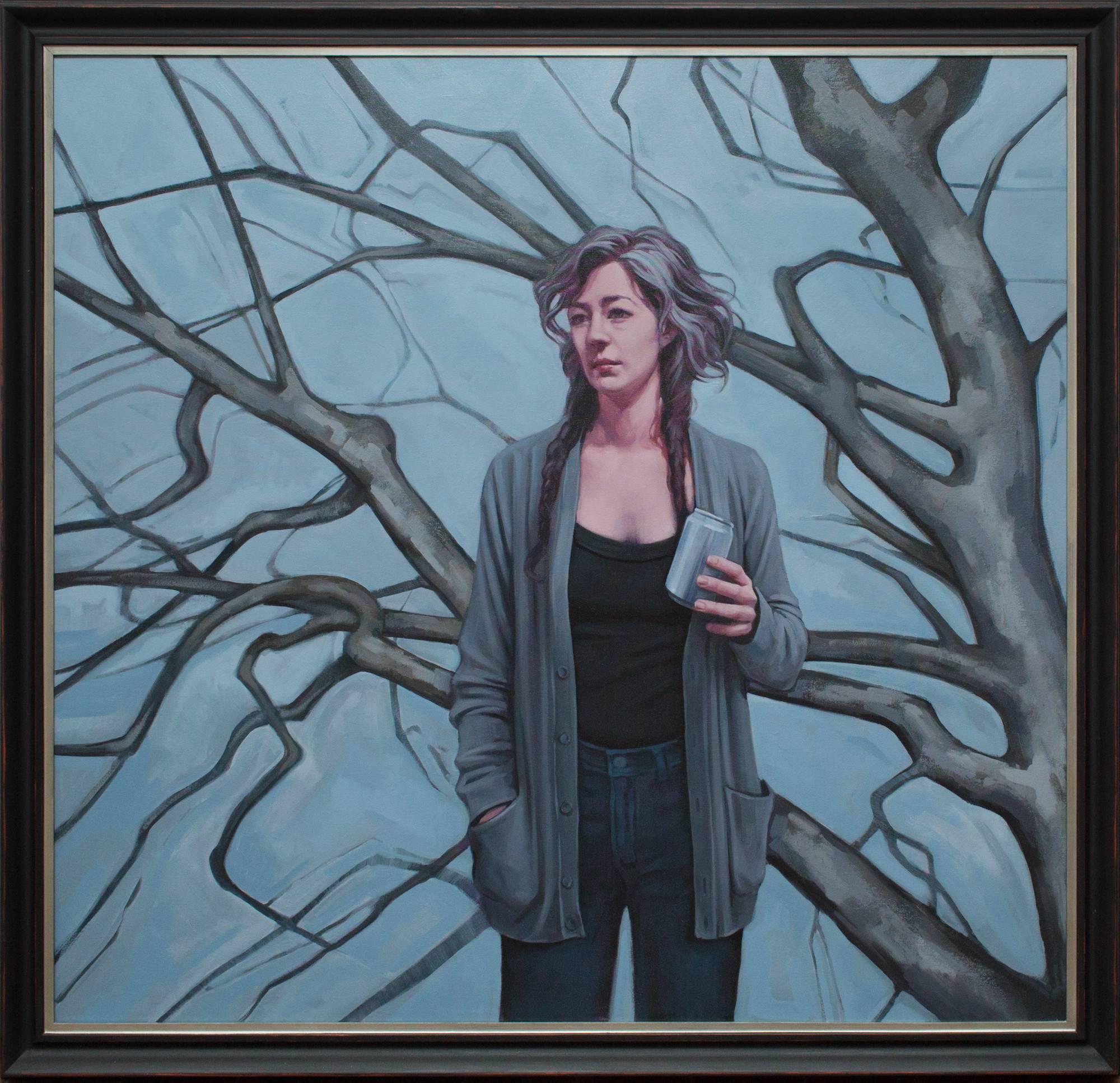 "Elegy", Figurative Oil Painting, Woman, Tree, Grey, Blue, Brown, Beige