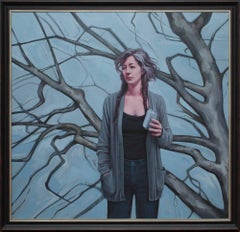 "Elegy", Figurative Oil Painting, Woman, Tree, Grey, Blue, Brown, Beige