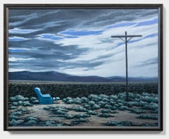 "Far From Inevitable", Figurative Landscape Oil Painting, Deserted Blue Chair